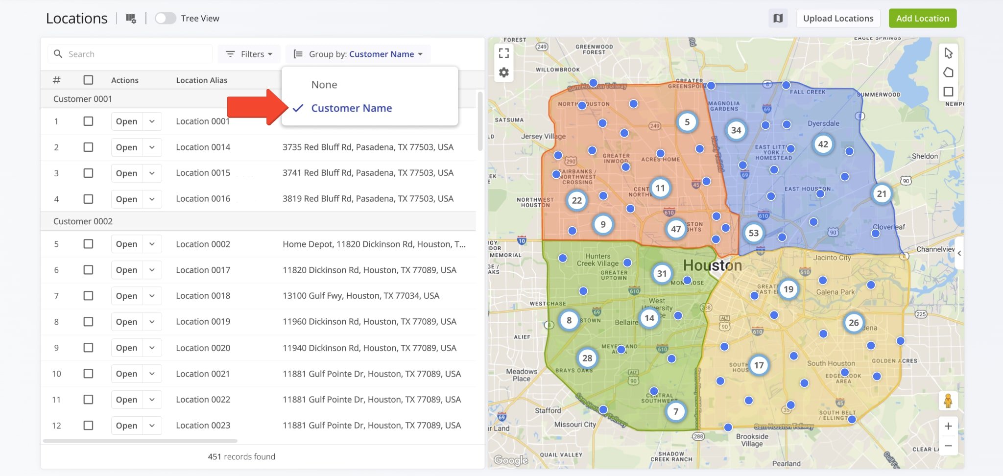 When you group Customer Locations by Customer Name, the list will automatically sort all locations into groups according to the customers they're associated with.