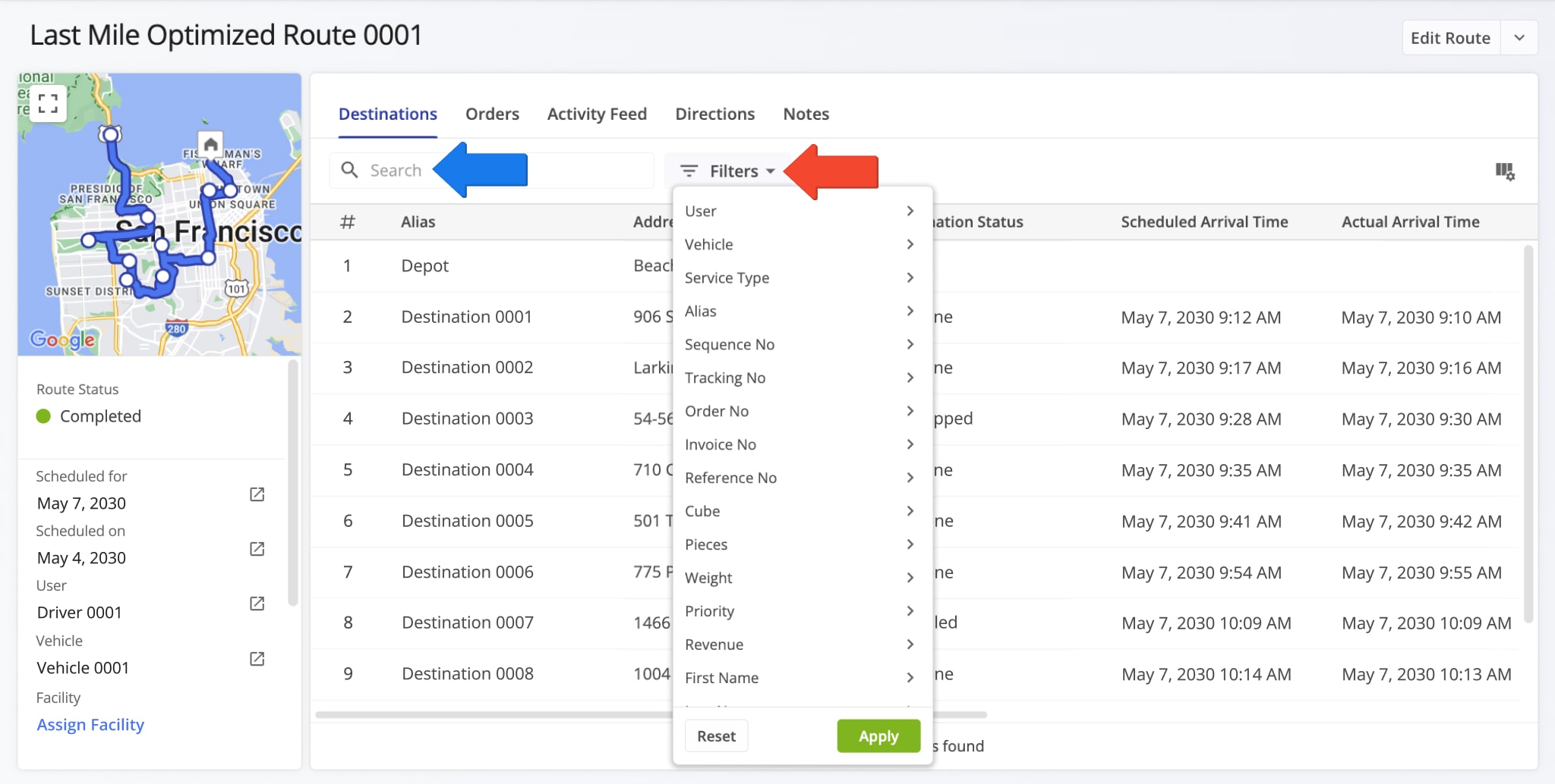 Like with every Route4Me data interface, you can search and filter the Route Snapshot to show only the data most relevant to your needs or unique use case.