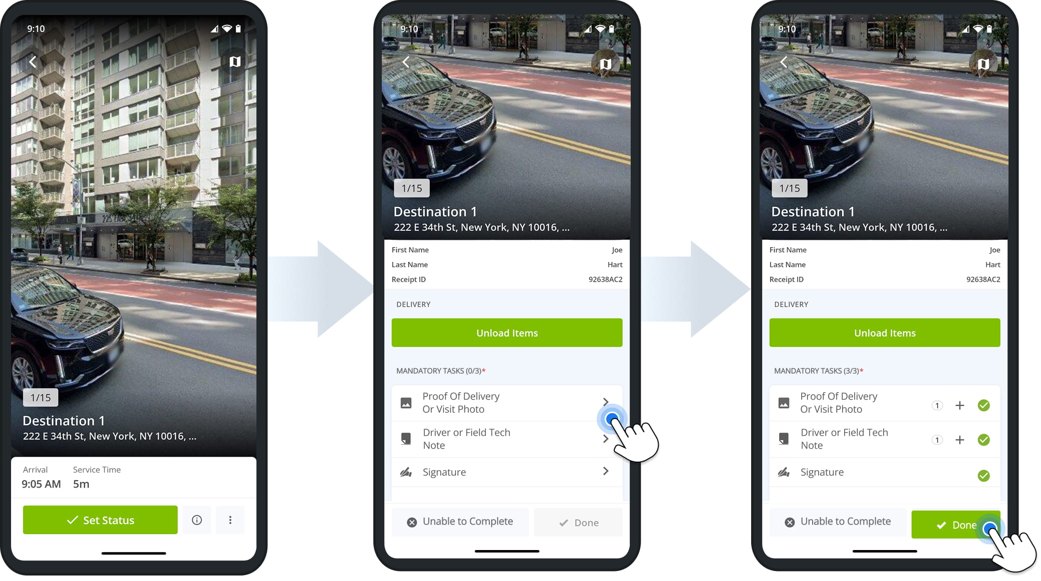 Marking a Destination as Arrived closes navigation and opens the Destination on the app. Confirmed arrival enables the Set Status button. Tap it to start the process of collecting proof of visit or delivery.