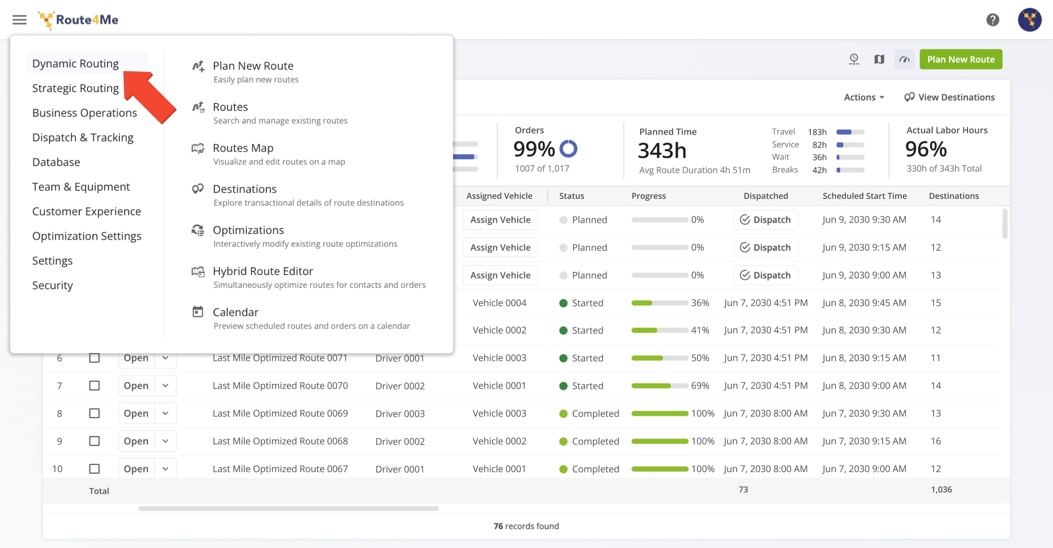 In the Dynamic Routing category, you can plan new routes and access the primary tools for planning and managing routes on your Route4Me account.