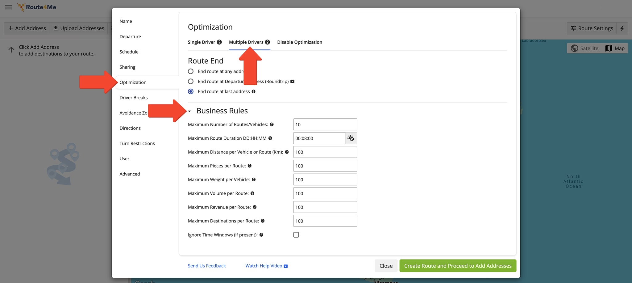 Specify custom route optimization settings and constraints for delivery order route planning and optimization.