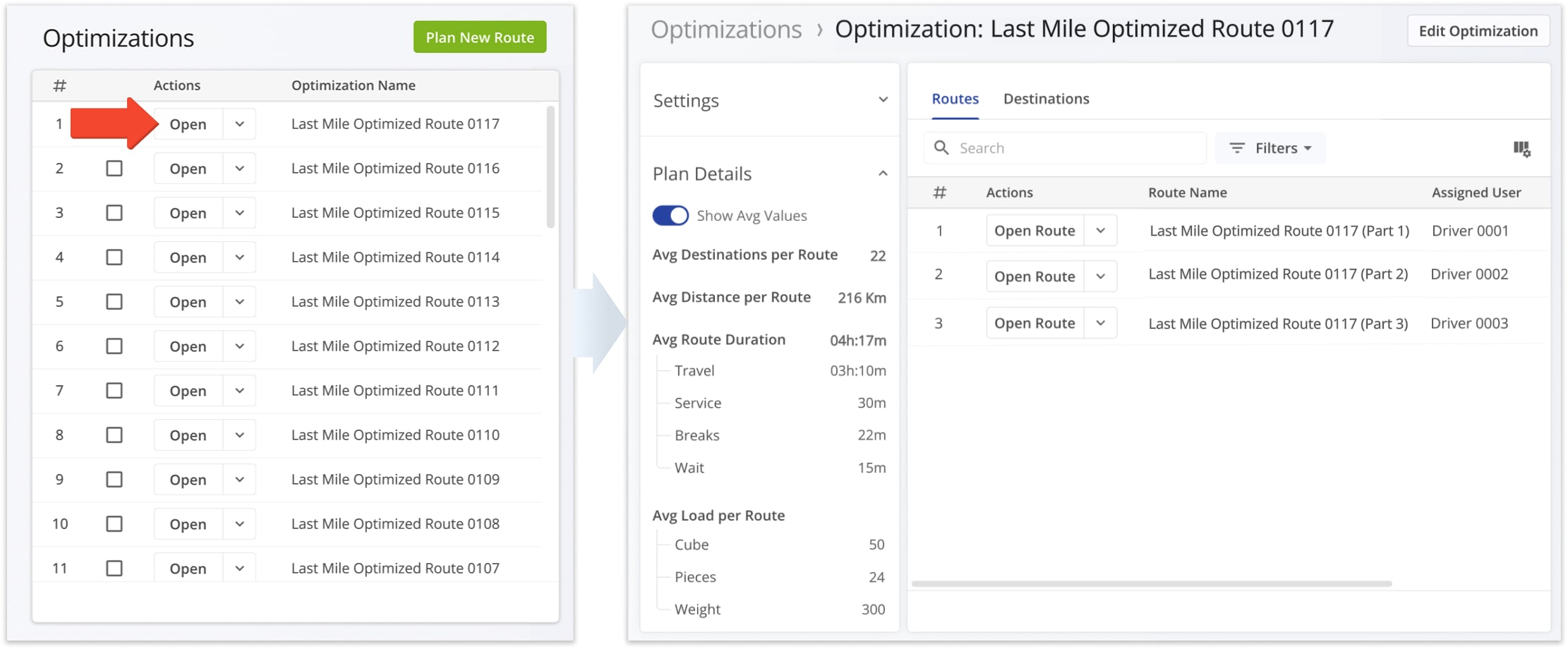 Optimization Snapshots enable you to review detailed route analytics, destination data, proof of visit information, and much more. To open a snapshot of a specific Optimization, simply click the 'Open' button next to it.