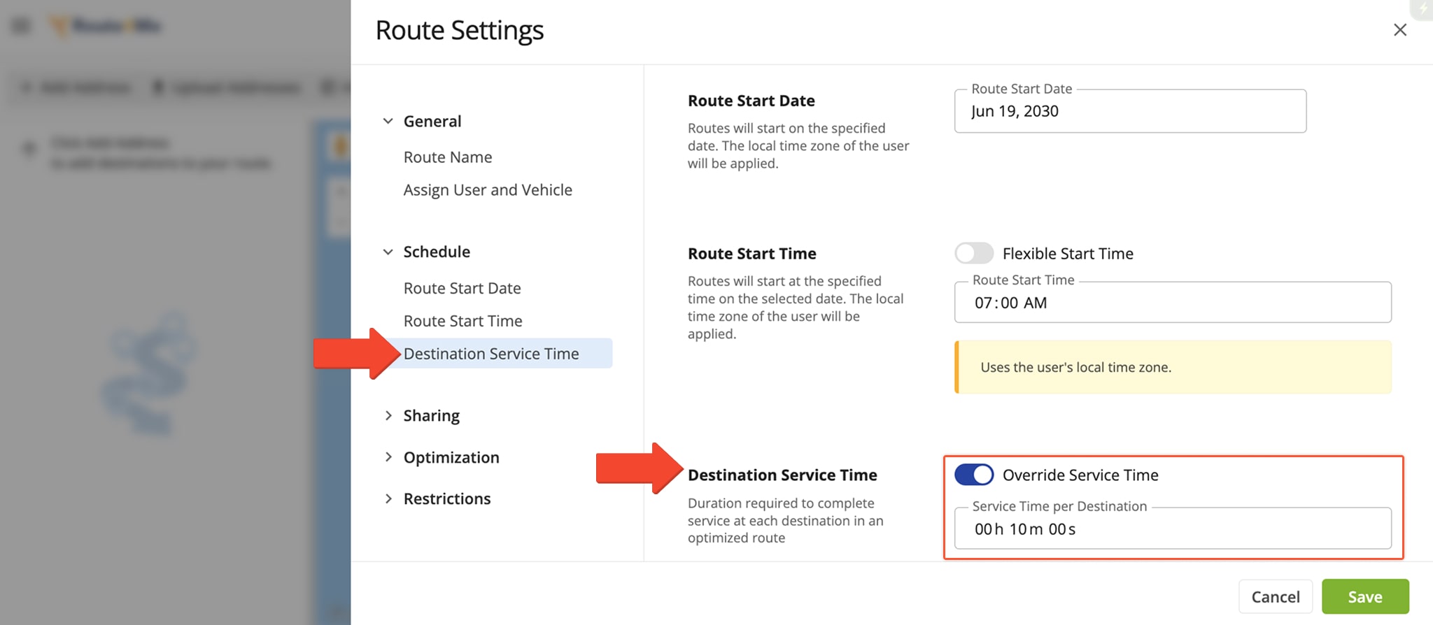 Enter Service Time specifications for each destination on your route.