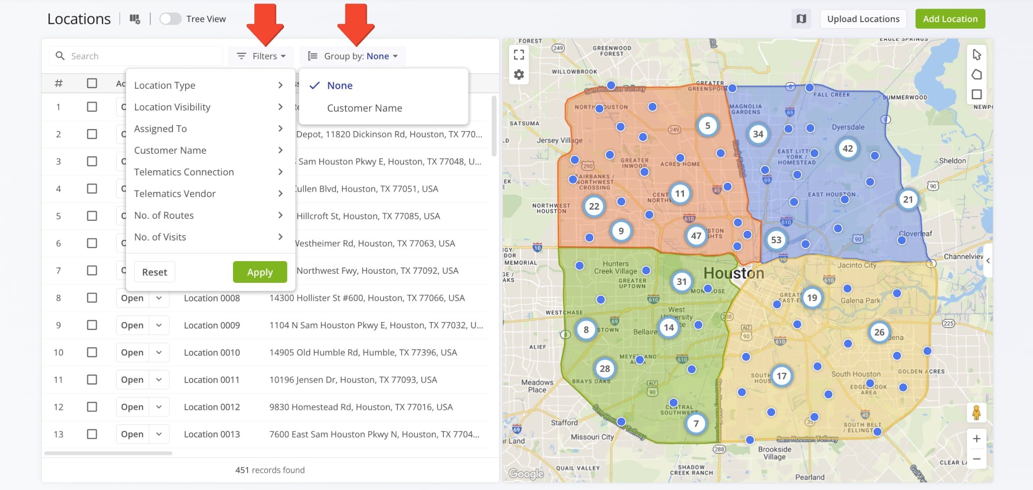 If you have many Customer Locations, click 'Group by' to quickly search for specific customers.