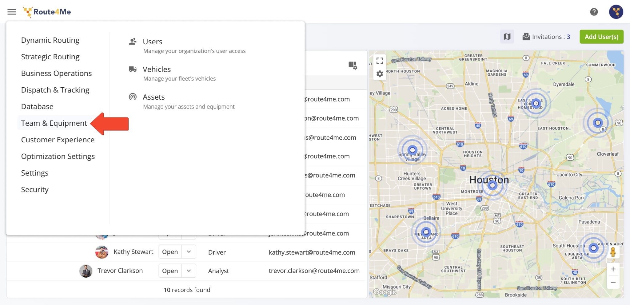 Build a structured User Hierarchy with Managers, Route Planners, Dispatchers, Drivers, etc. and manage your vehicle fleet, assets, and equipment.