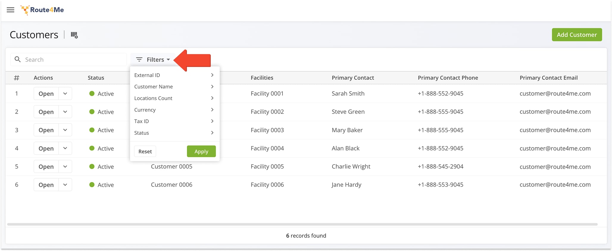  Click 'Filters' to narrow Customer data by a specific parameter, or use the 'Search' bar to find a particular entry. 