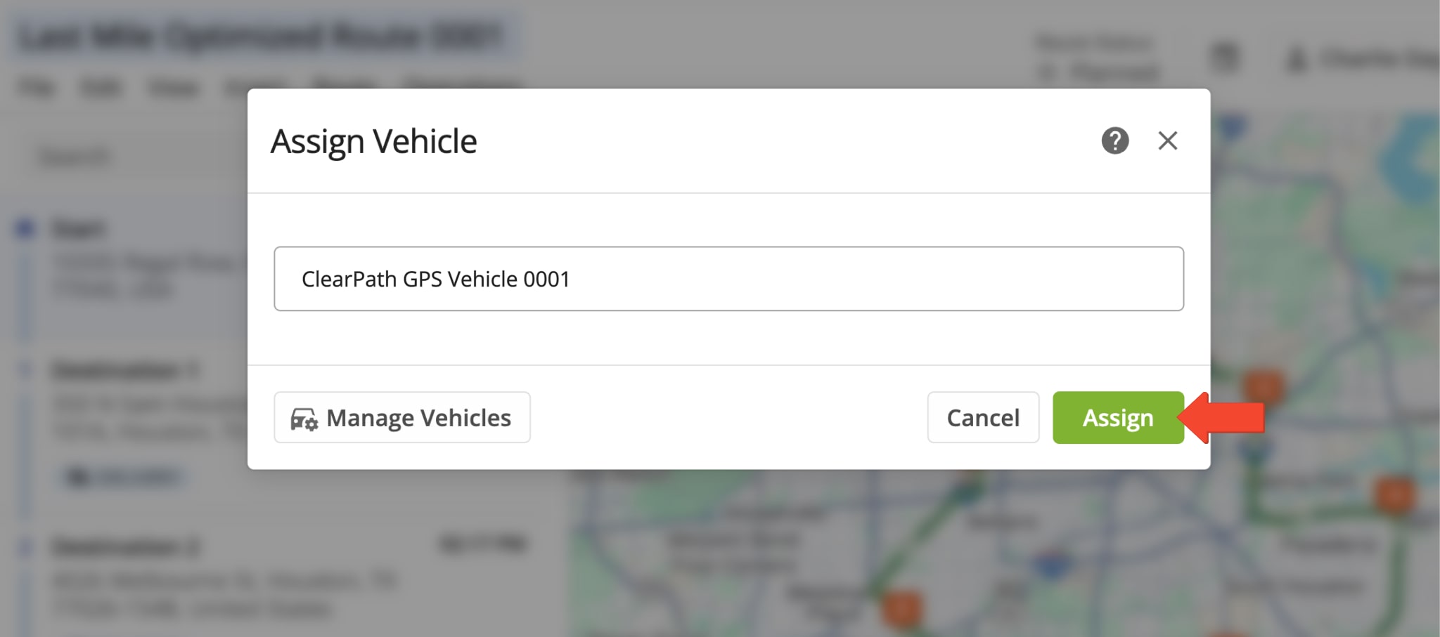 From the Routes Map, Routes List, or Route Editor, you can assign the ClearPathGPS vehicle to the route.