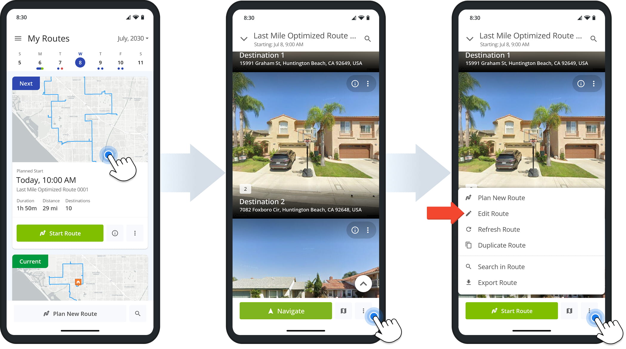Tap the Three-dot button to access the Destinations List Actions menu.