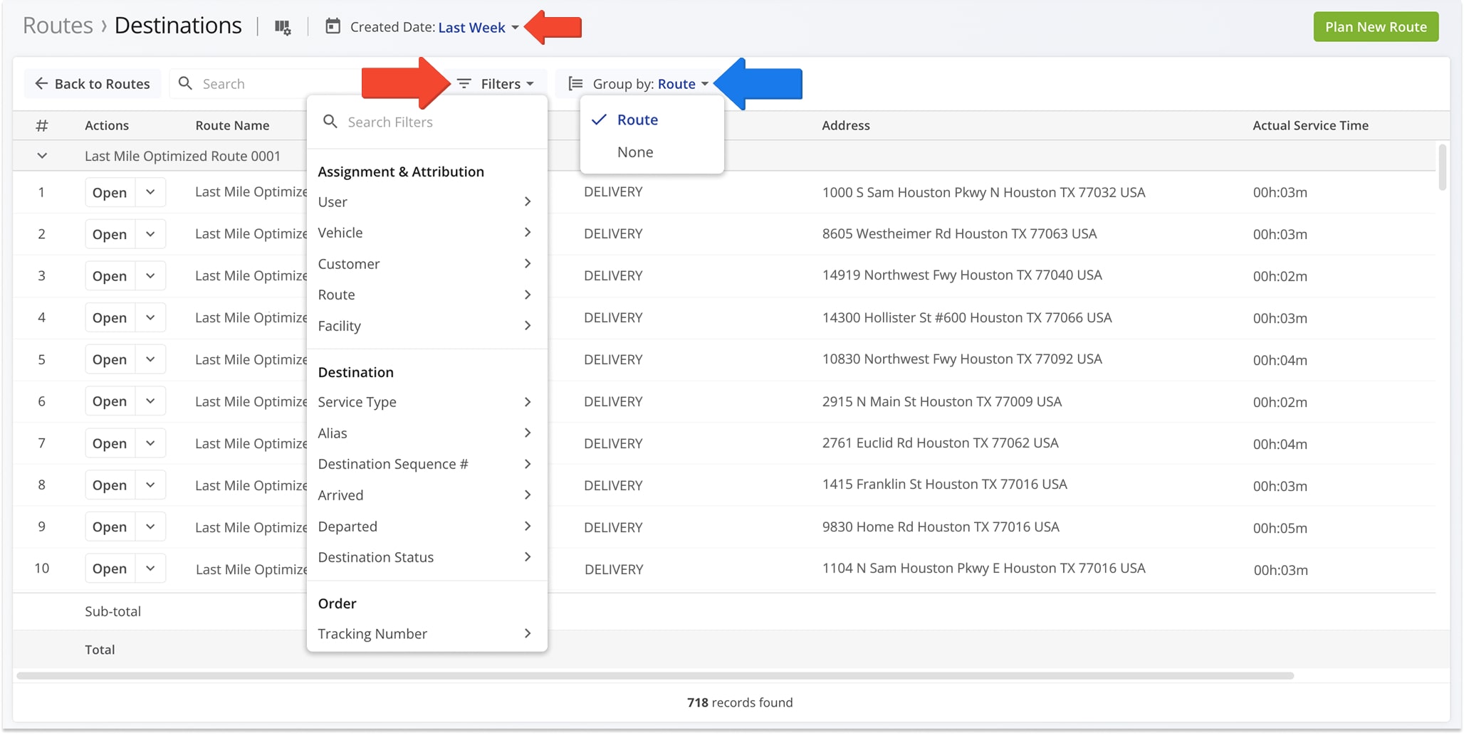 You can filter and groups Destinations on the Routes List in the same way you filter and group routes.