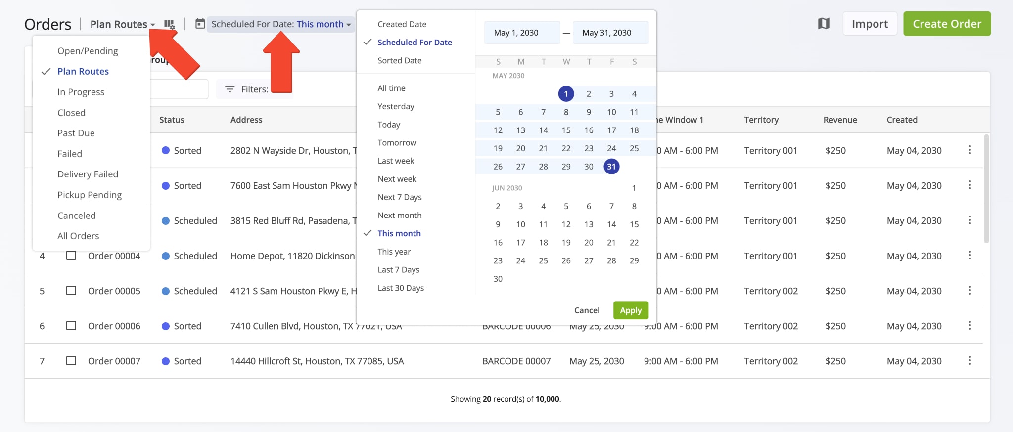 Orders must have the 'Scheduled' or 'Sorted' status to be used for planning routes or inserting into planned routes.
