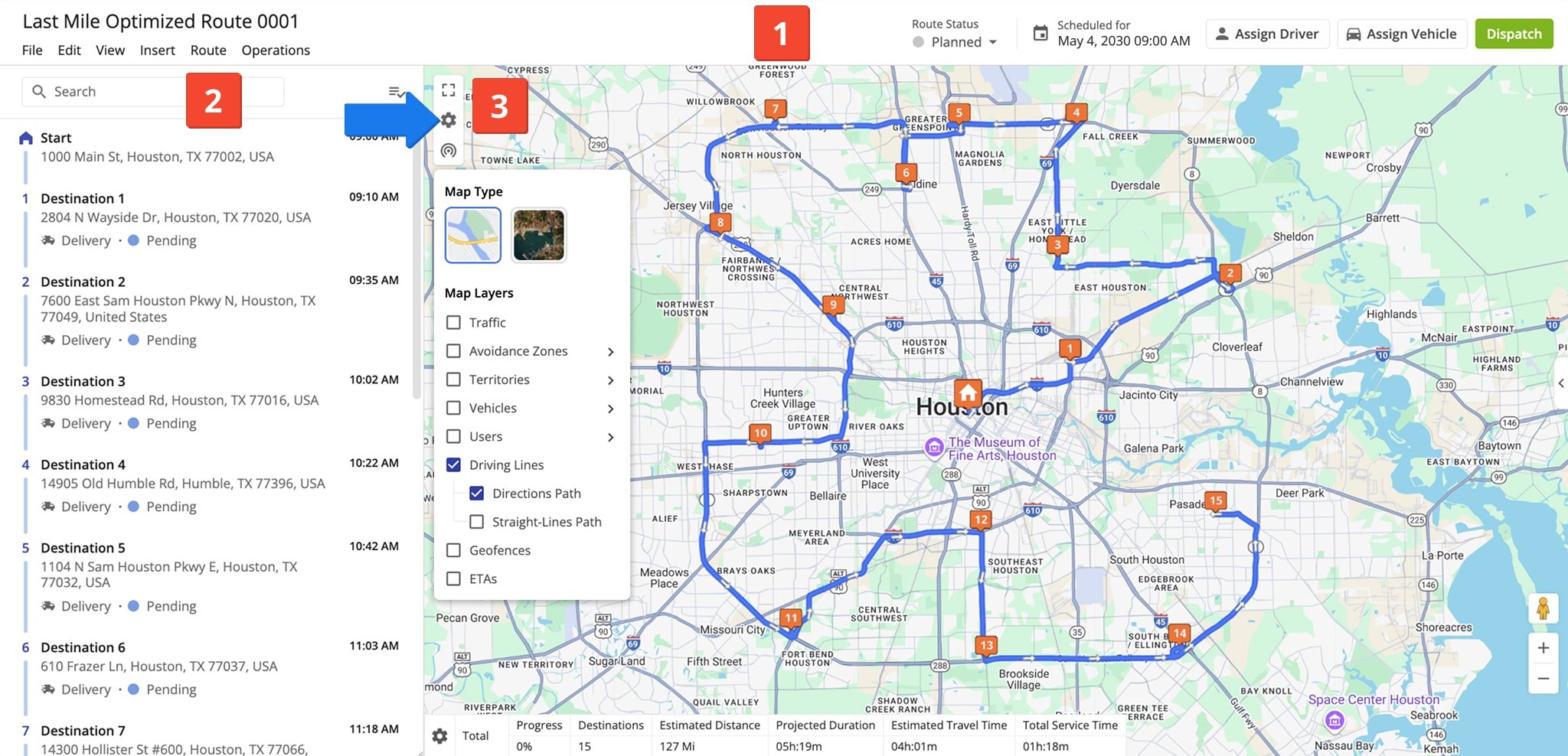 Route4Me's Route Editor consists of the stops list, interactive route map, toolbar with route and optimization settings, route dashboard, and activity feed.