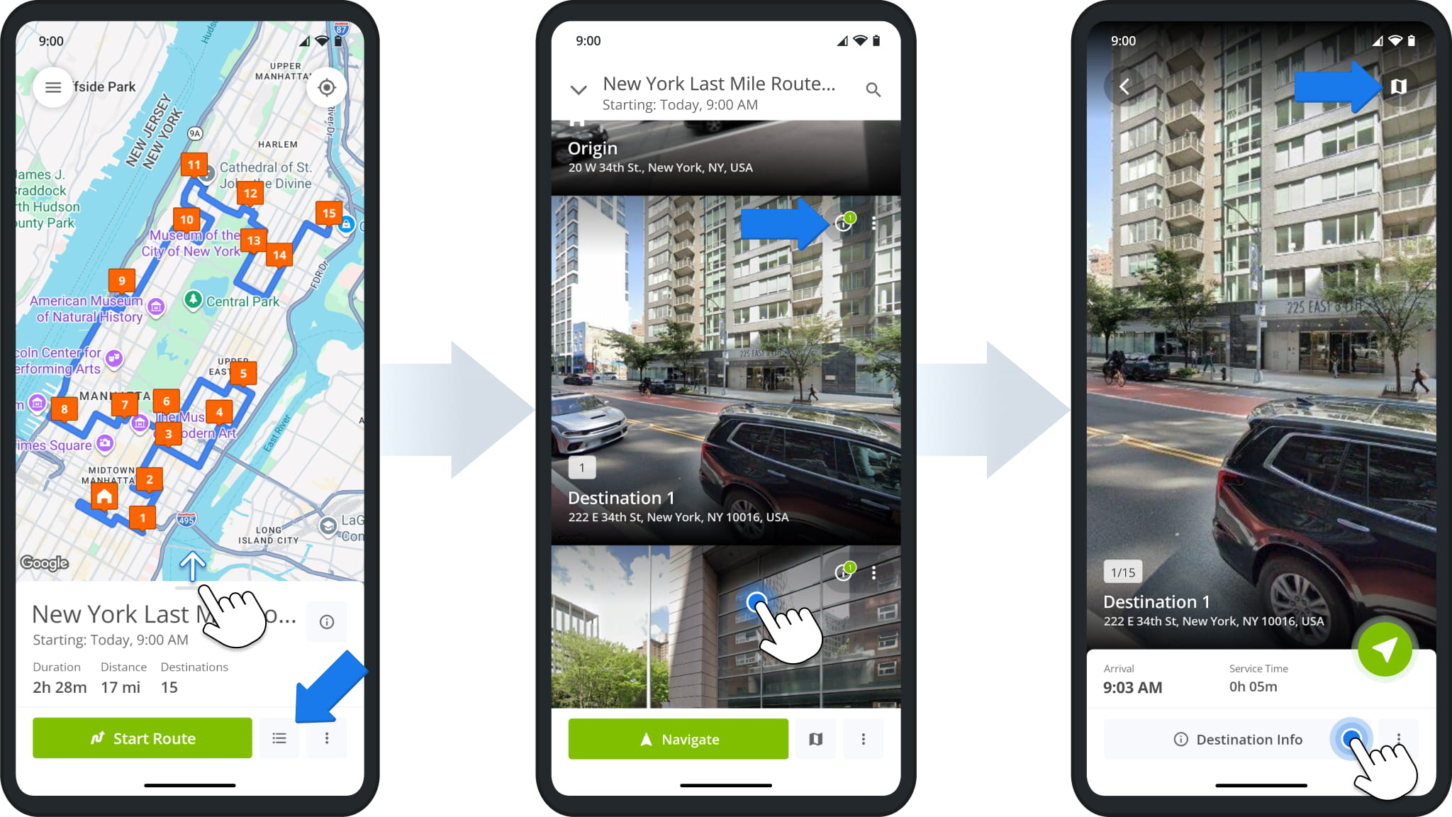 At any point, you can open the Destinations List on the Route4Me mobile driver app by dragging the route information panel up or tapping the list button in the bottom-right.