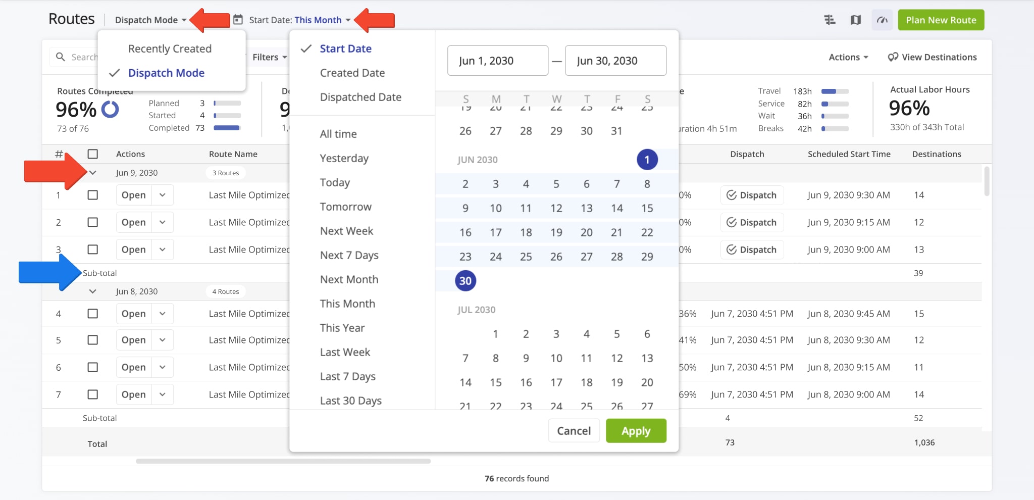 Dispatch View Mode sorts and groups routes by their Scheduled Start Date. Routes with the latest start date are at the top of your Routes List.