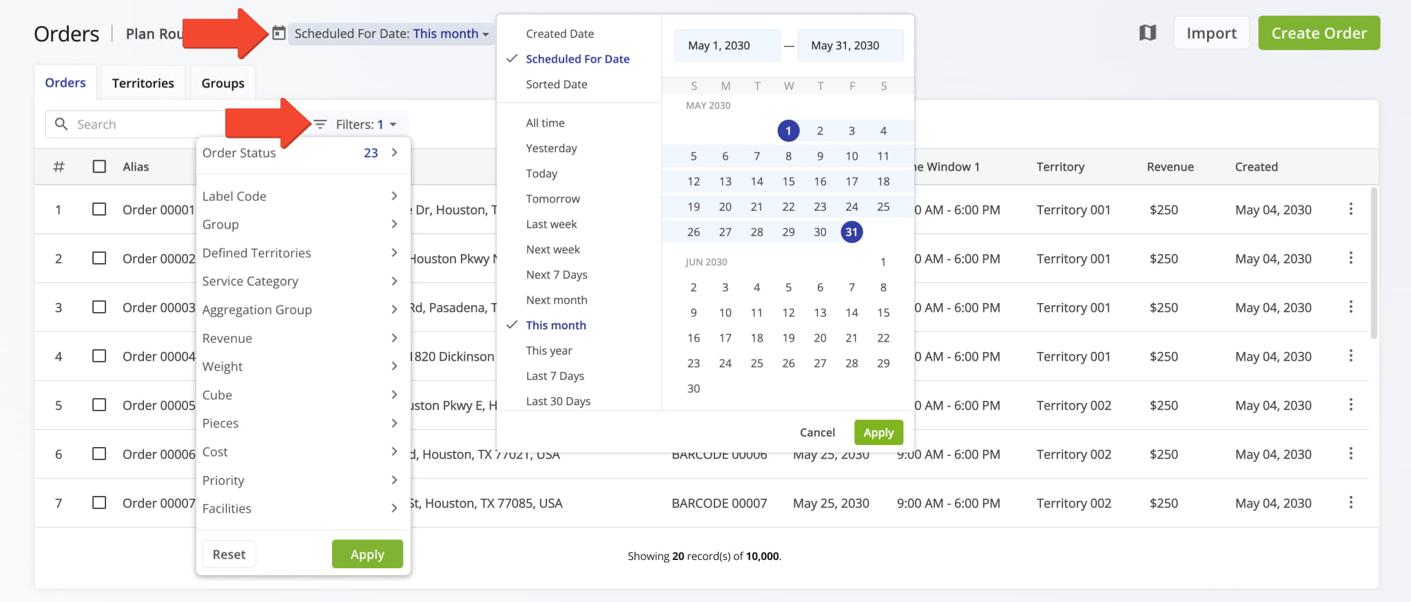Filter orders by Scheduled For Date and any preferred custom filters so you can see only the most relevant orders for your route planning needs.