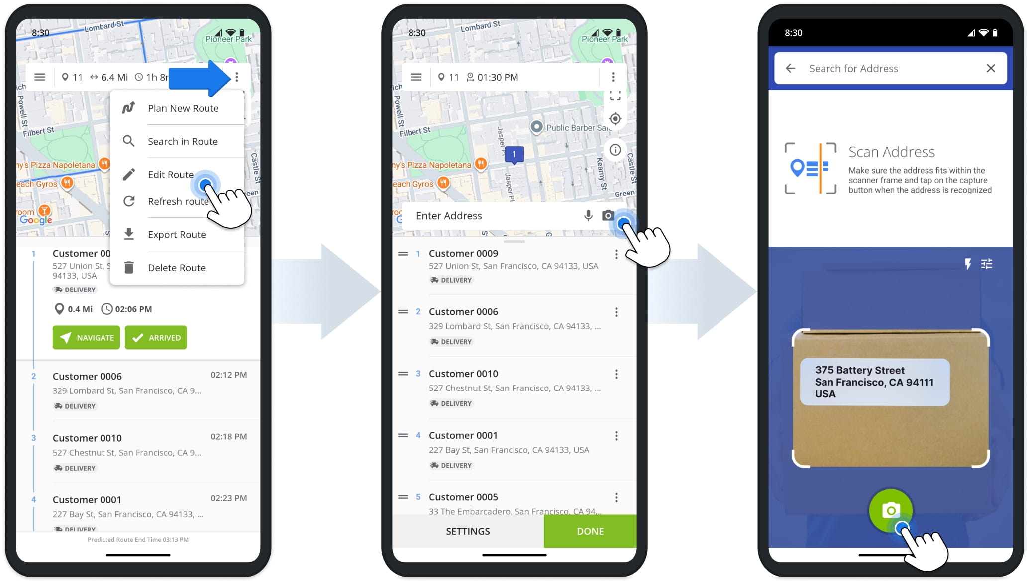Insert addresses into planned routes using the OCR address scanner on the Android Route Planner app.