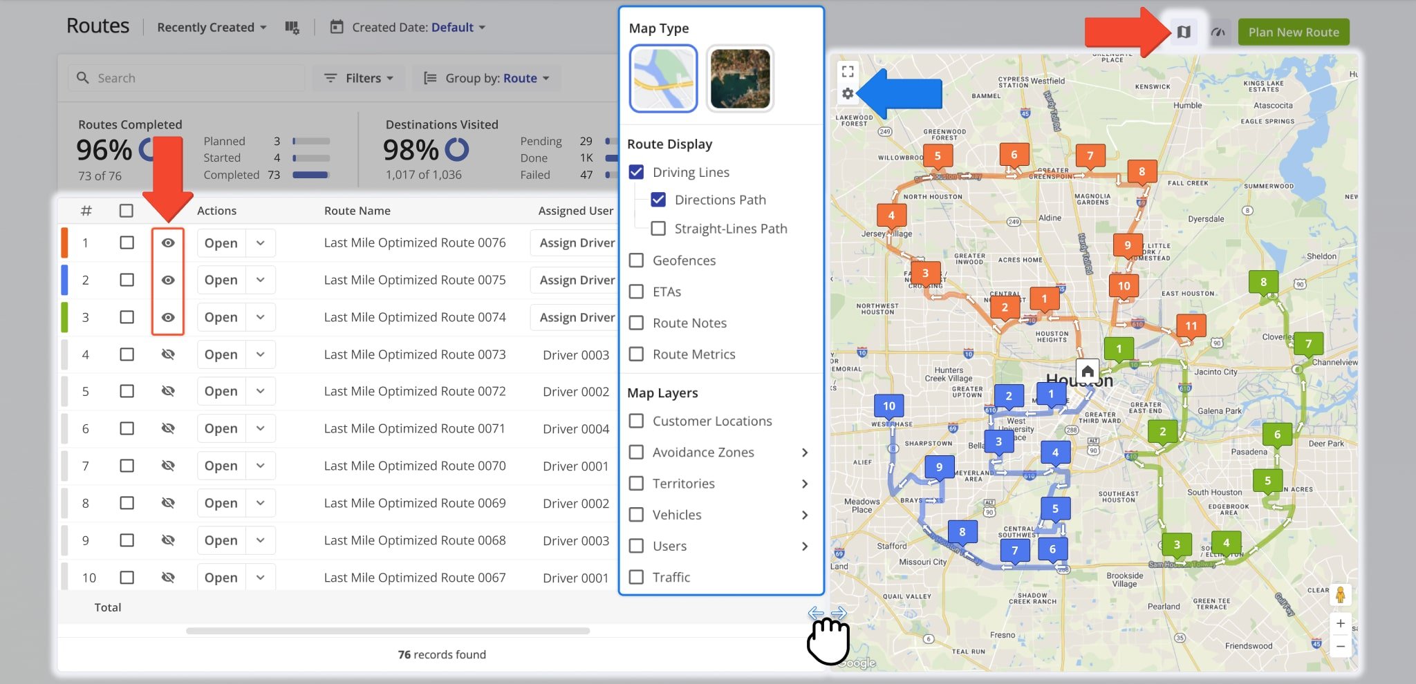 The Routes Page enables you to view routes on a dynamic map, similar to the Routes Map interface.