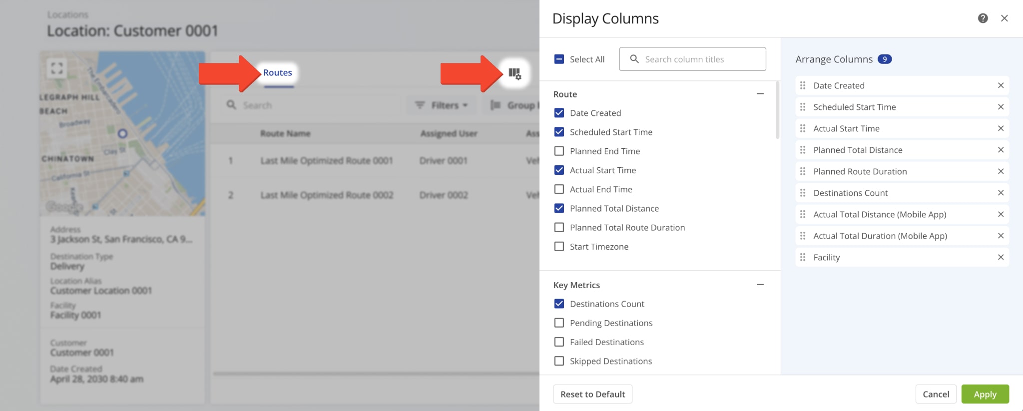 From the Routes tab, you can view all route-related data associated with the location.
