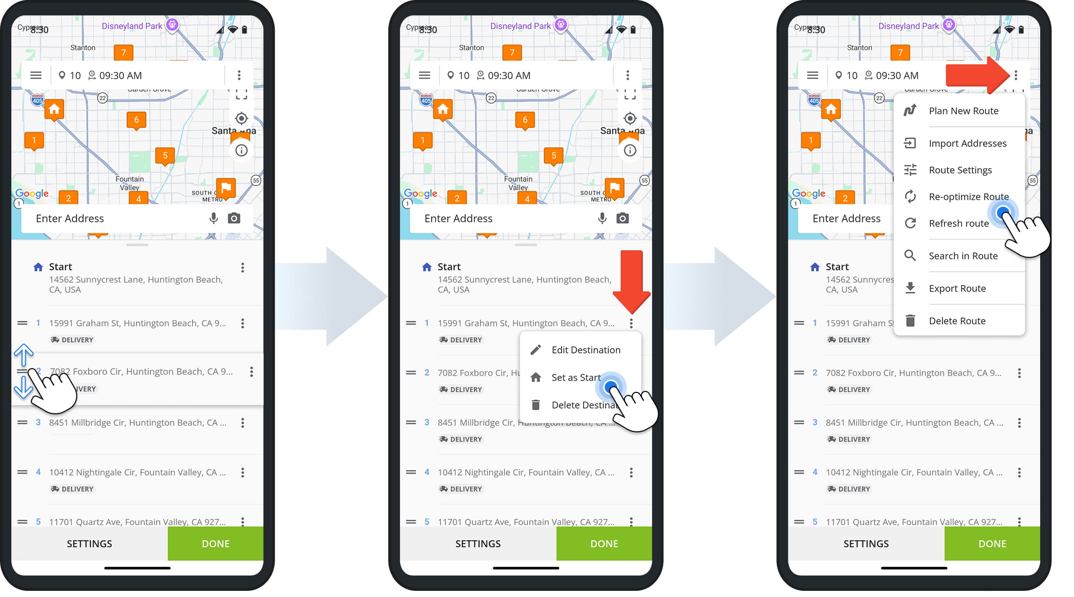 Re-sequence route stops or change the route start destination.