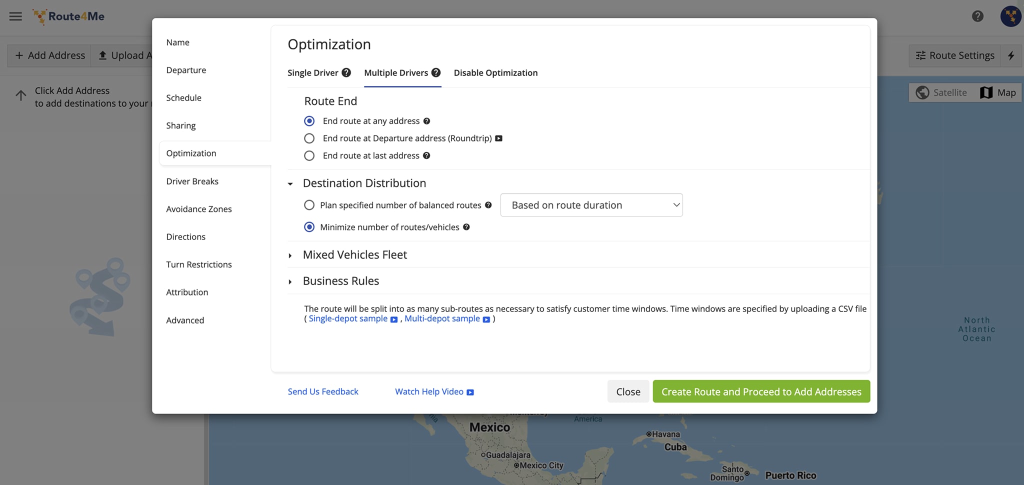 Customize route settings, optimization type, departure address, route scheduled start time, business rules, optimization constraints, and more.