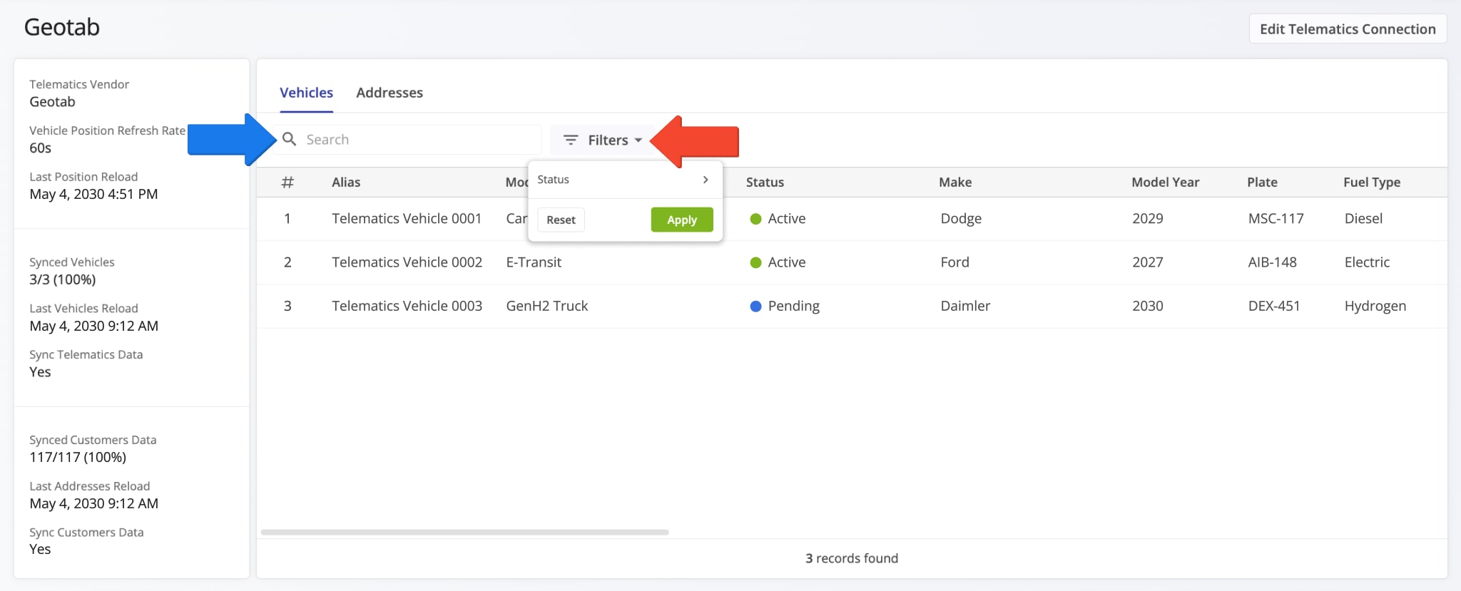 Filter the Telematics Snapshot by your preferred filter settings.