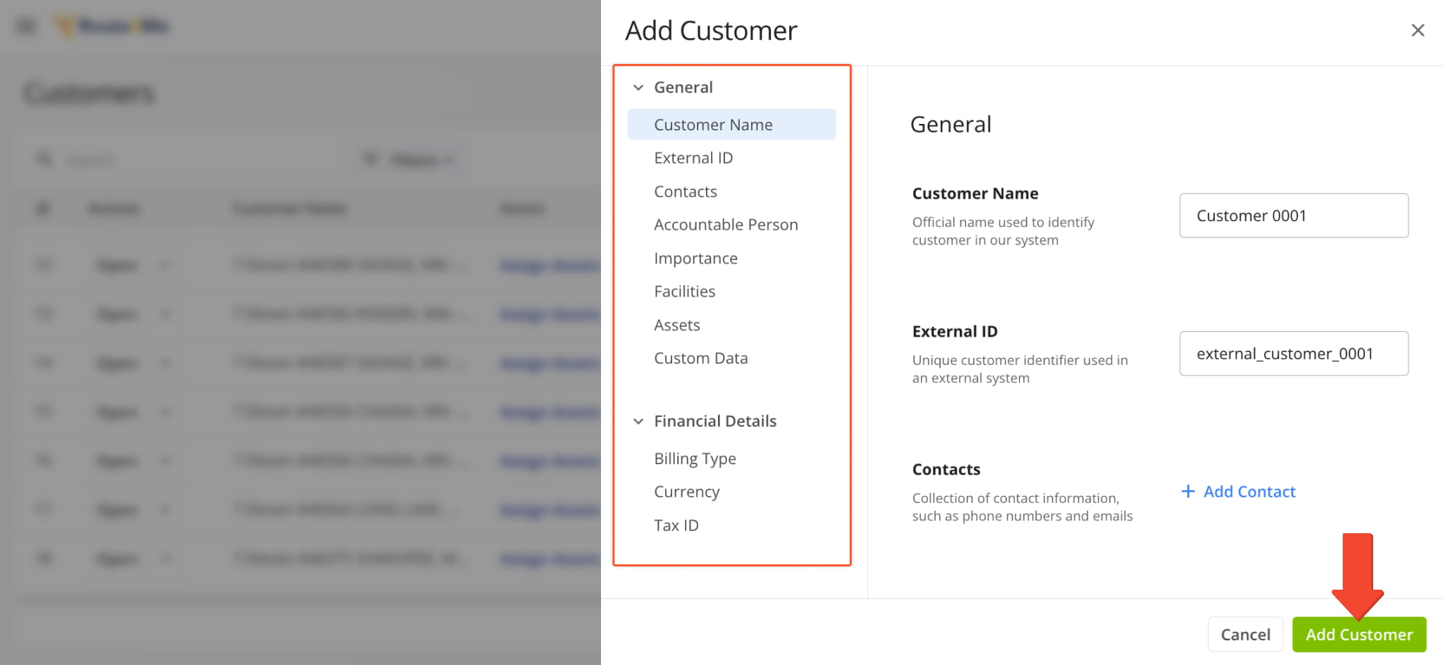 To create a new customer, fill out the fields in the