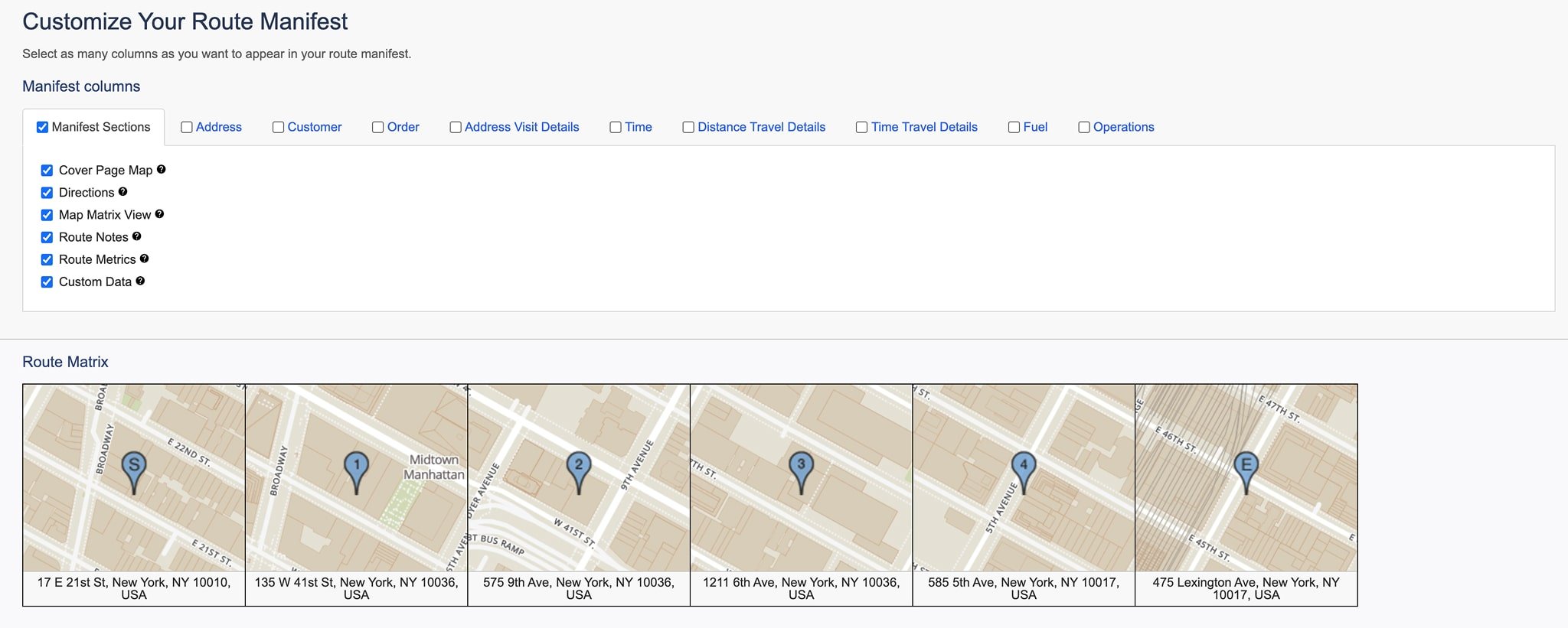 Route manifest contains all available route metrics that can be exported and used for reports. 
