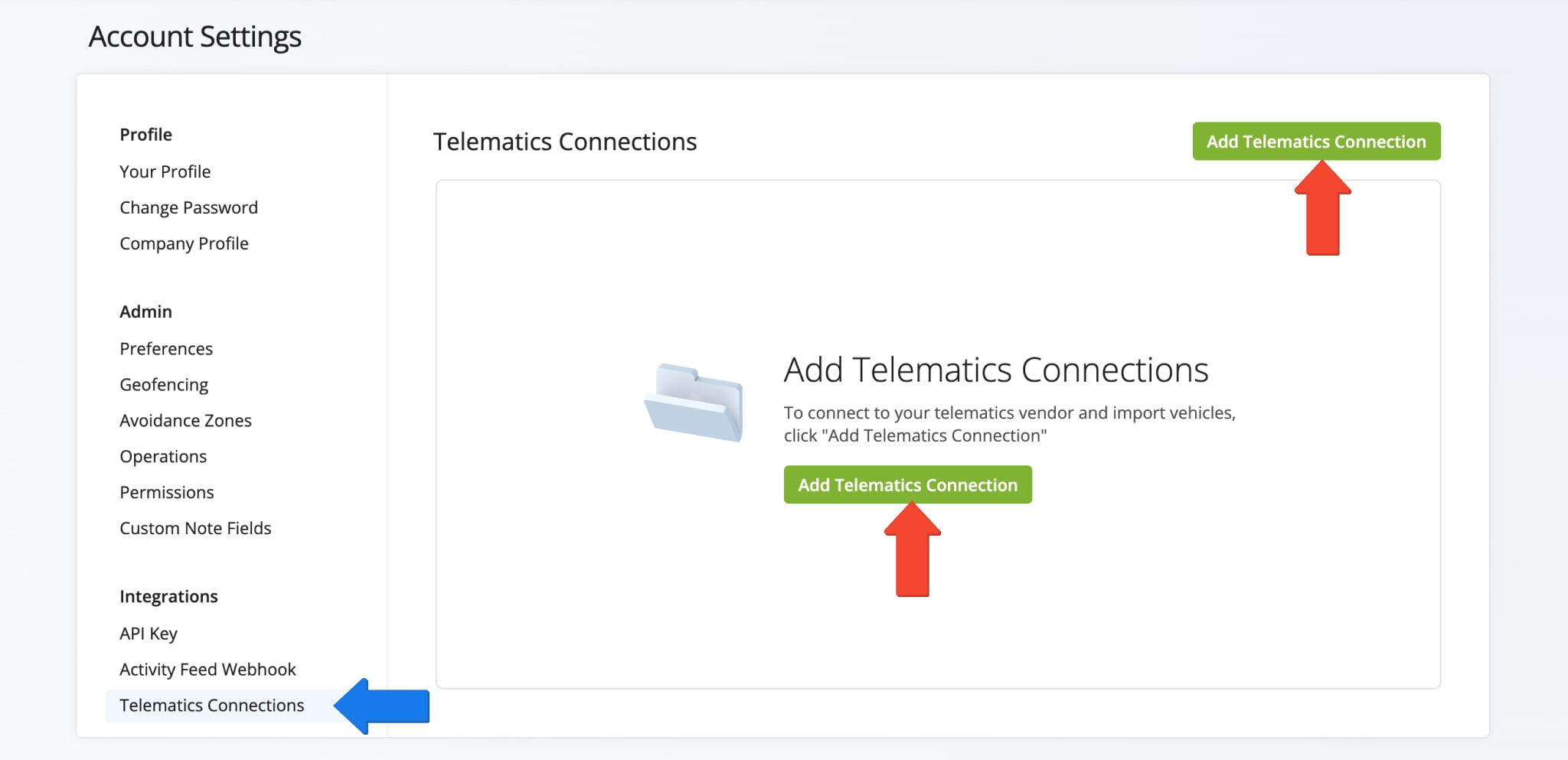 To integrate Azuga, go to 'Account Settings', select 'Telematics Connections', and click 'Add Telematics Connection'.