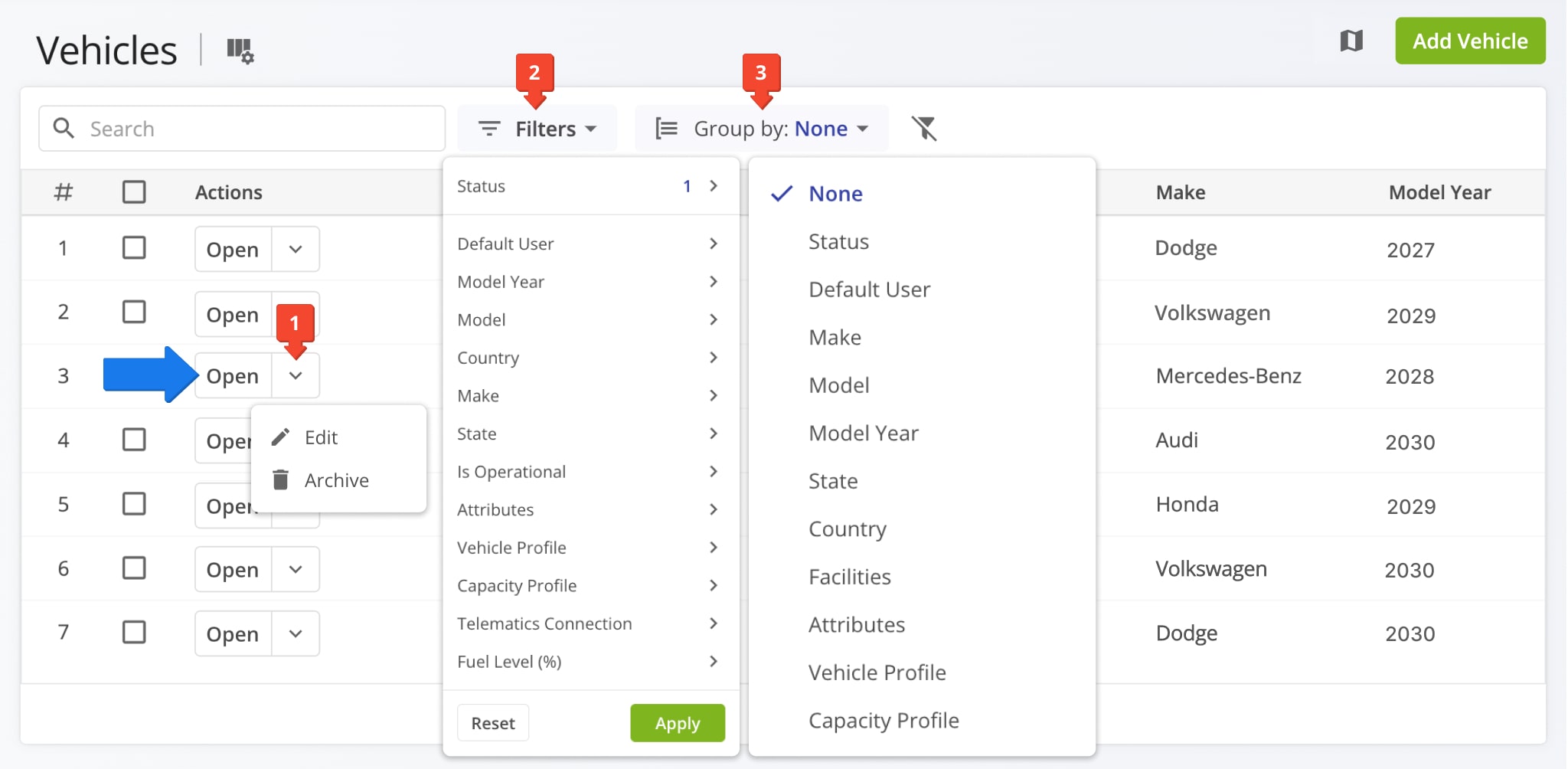 To view and manage vehicles in your Route4Me account, configure the setting in your Vehicles page.