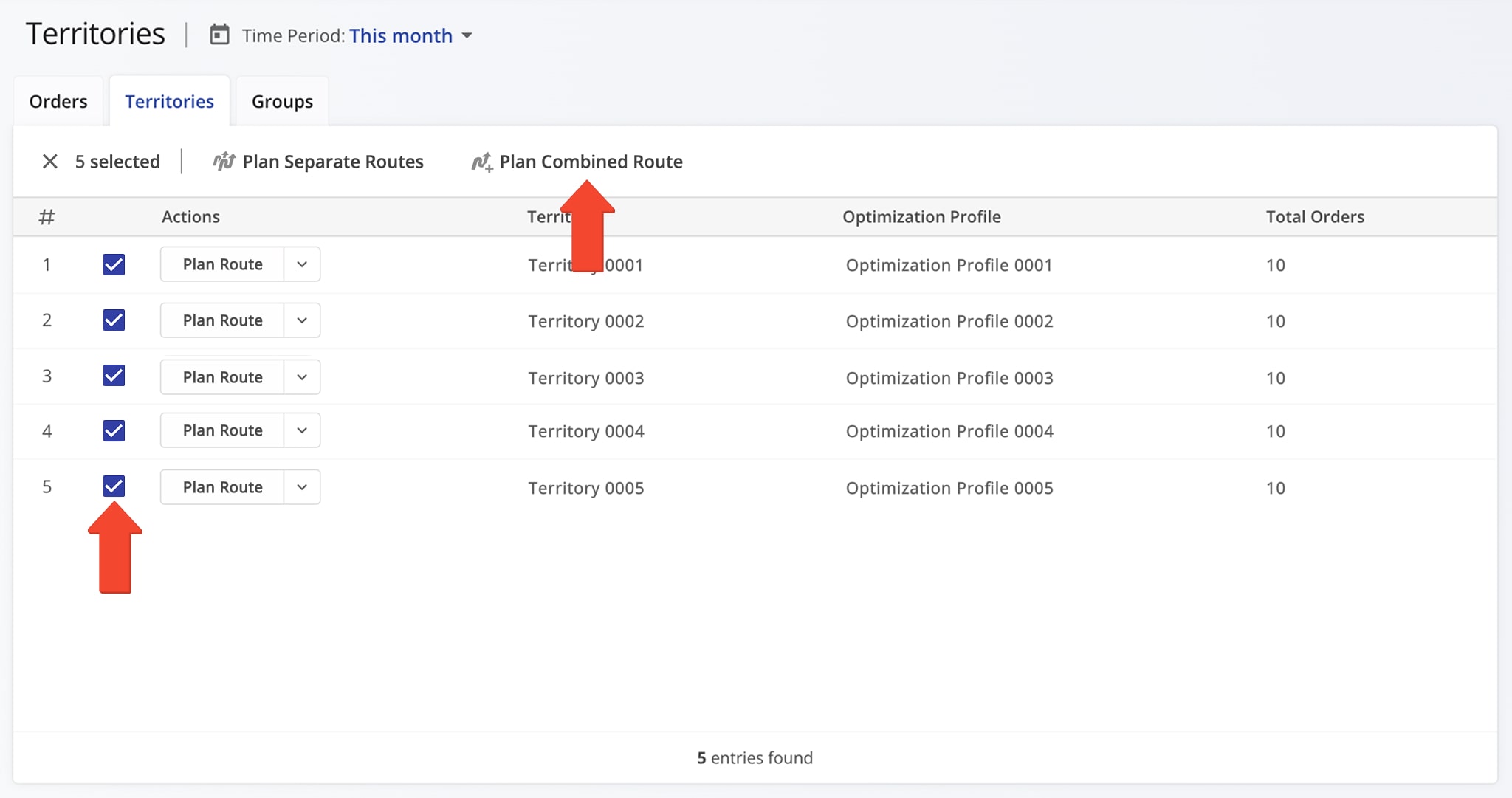 Select order territories to plan and optimize a single route with all orders in all selected order territories.