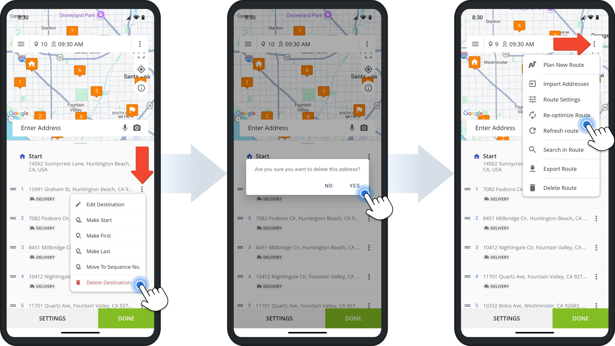 To remove a destination, tap
