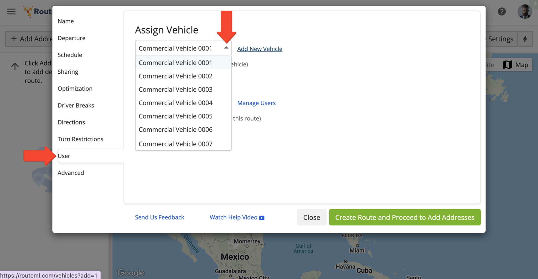 To plan commercially optimized routes with a vehicle configured with commercial parameters, assign that vehicle when planning your routes.