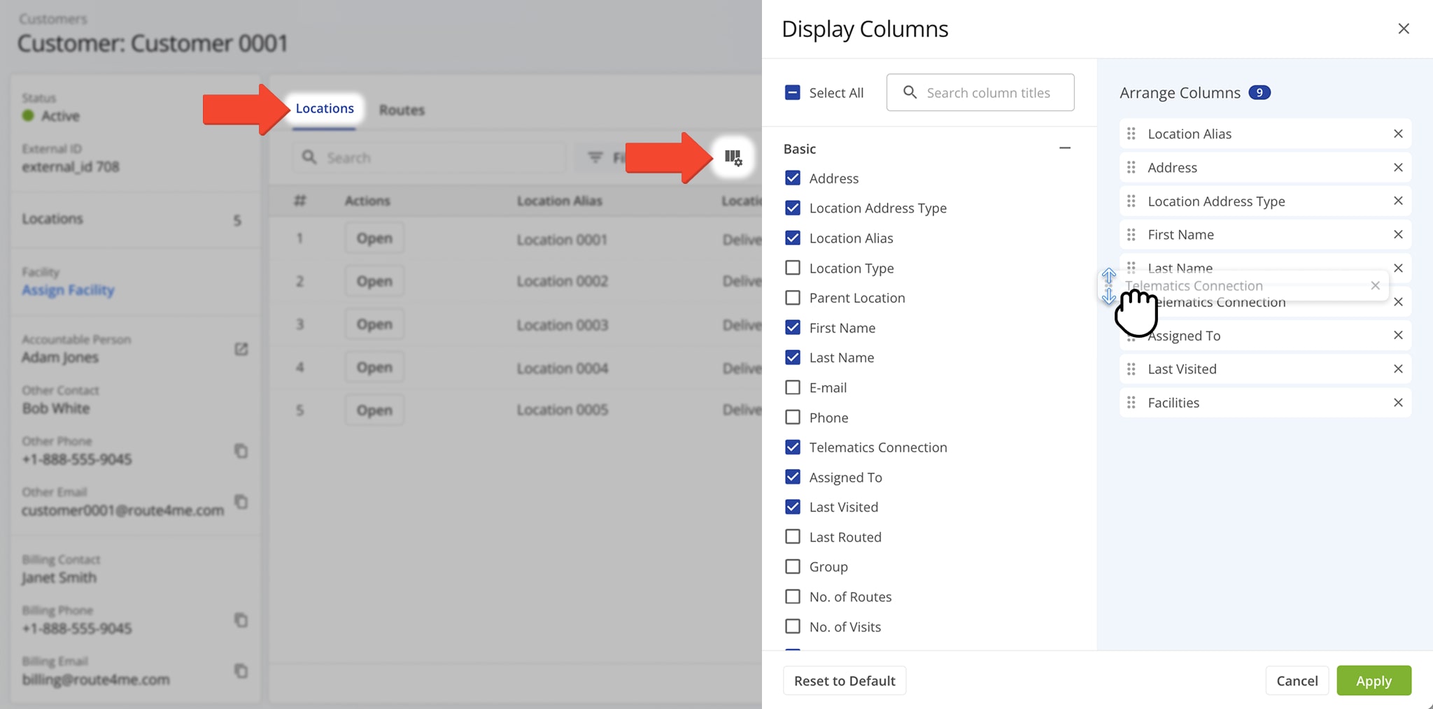Customize locations data by selecting columns to display.