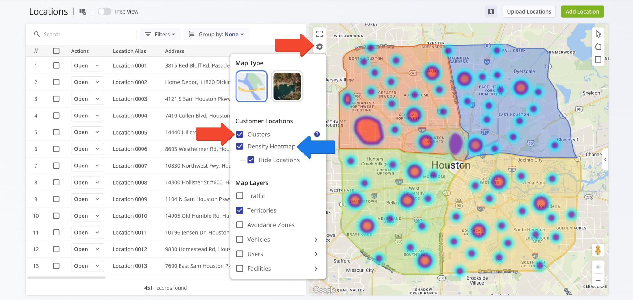 Click the Gear Icon to adjust map settings, including clusters for under 1,000 locations and Heatmap display with optional pin visibility.