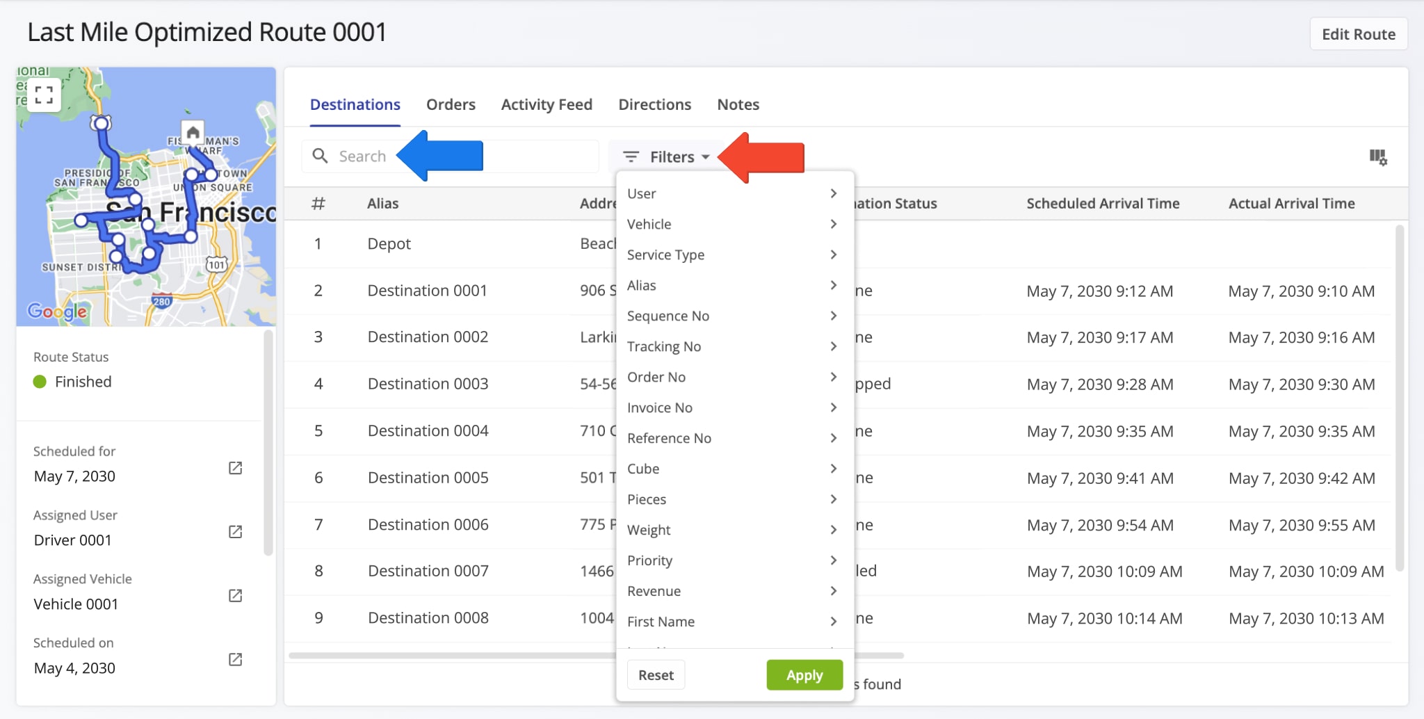 Like with every Route4Me data interface, you can search and filter the Route Snapshot to show only the data most relevant to your needs or unique use case.