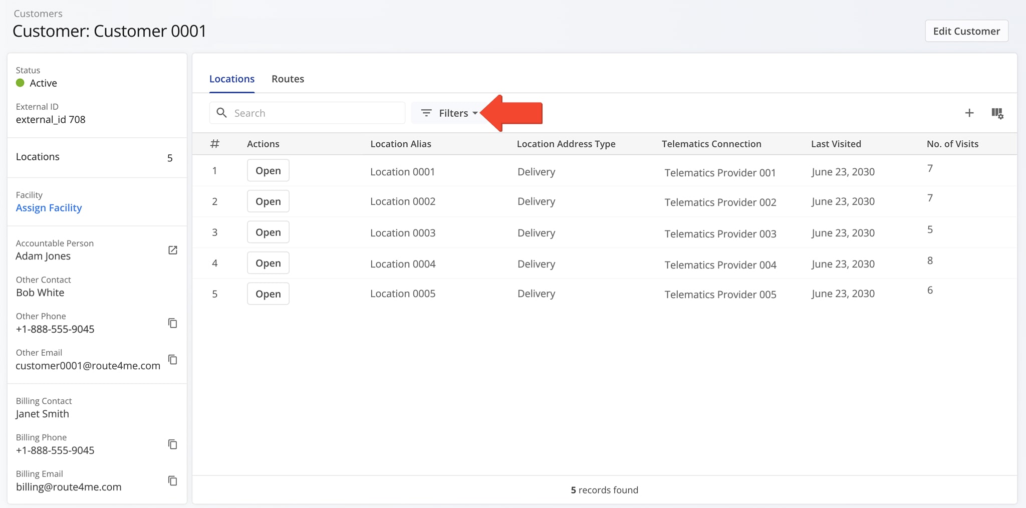 Use filters in the Locations or Routes tab to quickly find the relevant data.