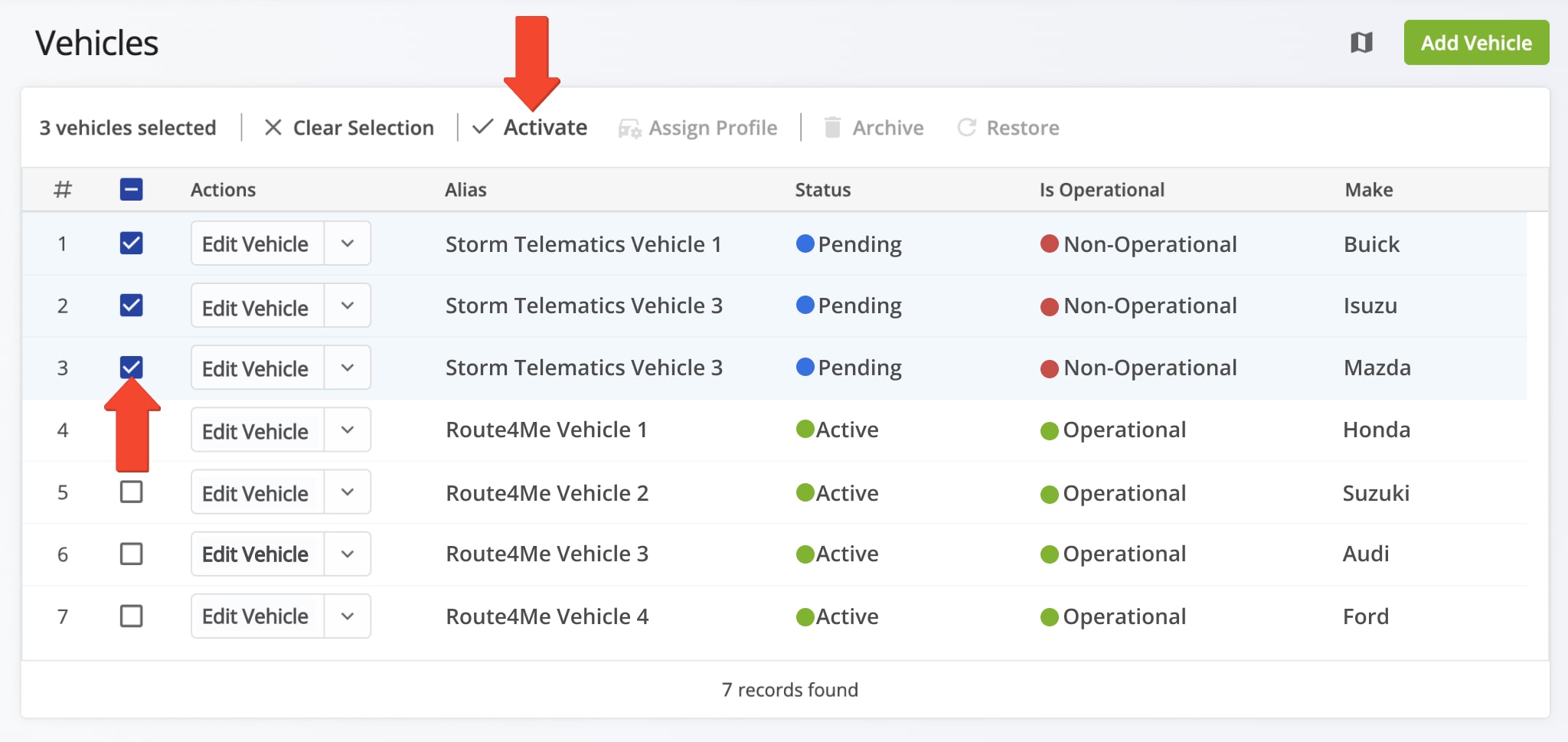 View and manage Storm Telematics telematics vehicles in your Route4Me Vehicles page.