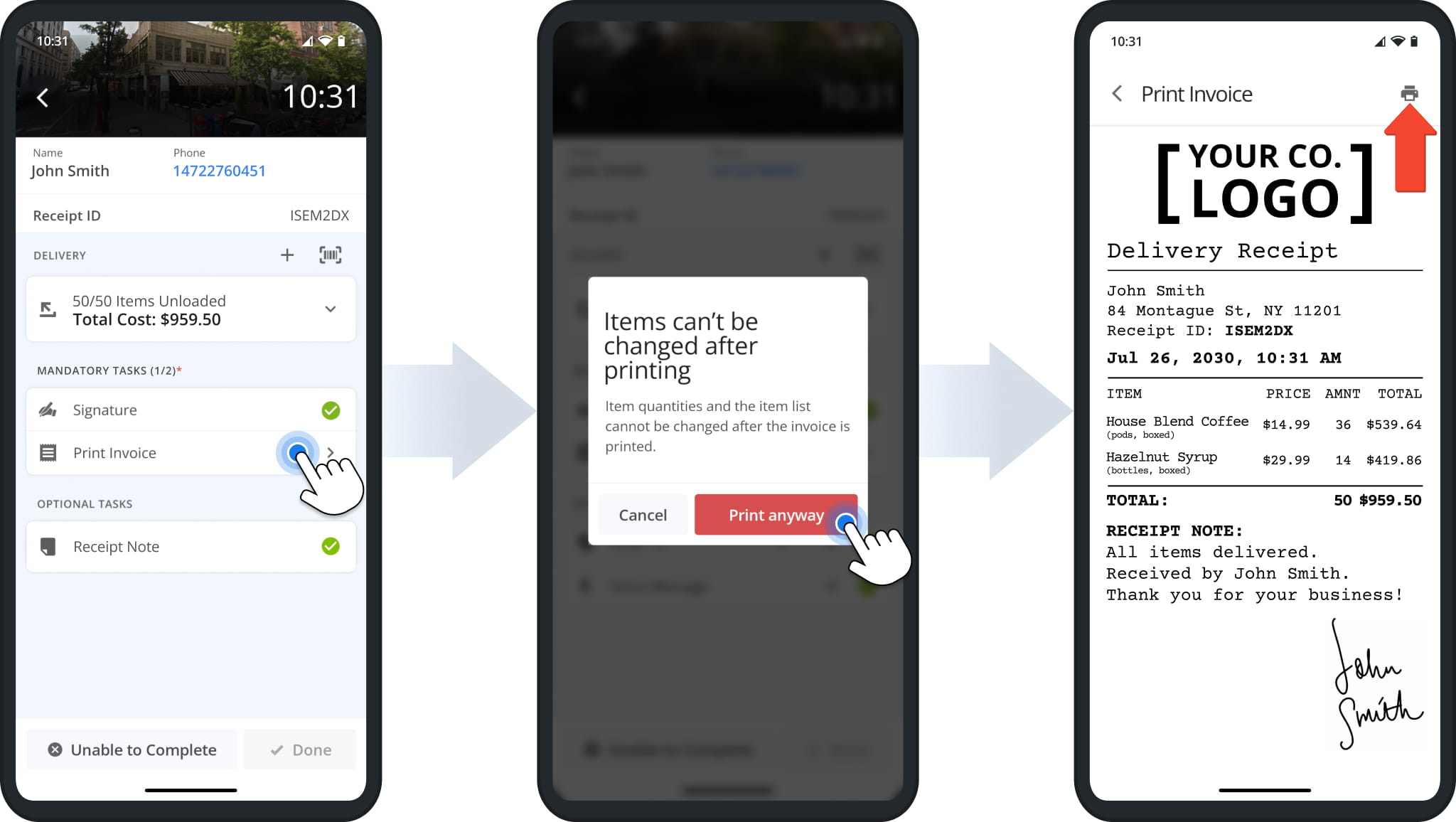 Route4Me driver app Print Invoice task: tapping the task, confirming that items cannot be changed after printing, and printing a delivery receipt with the receipt note and customer signature.