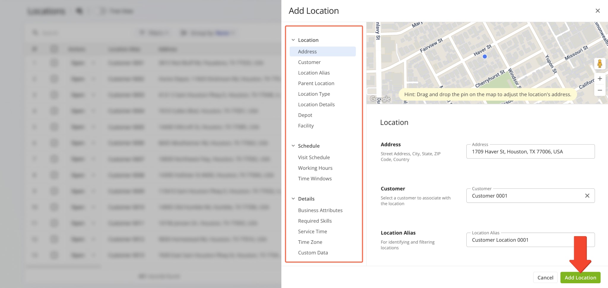 In the 'Add Locations' panel, enter the requested data in each field and click the 'Add Location' button to finalize.