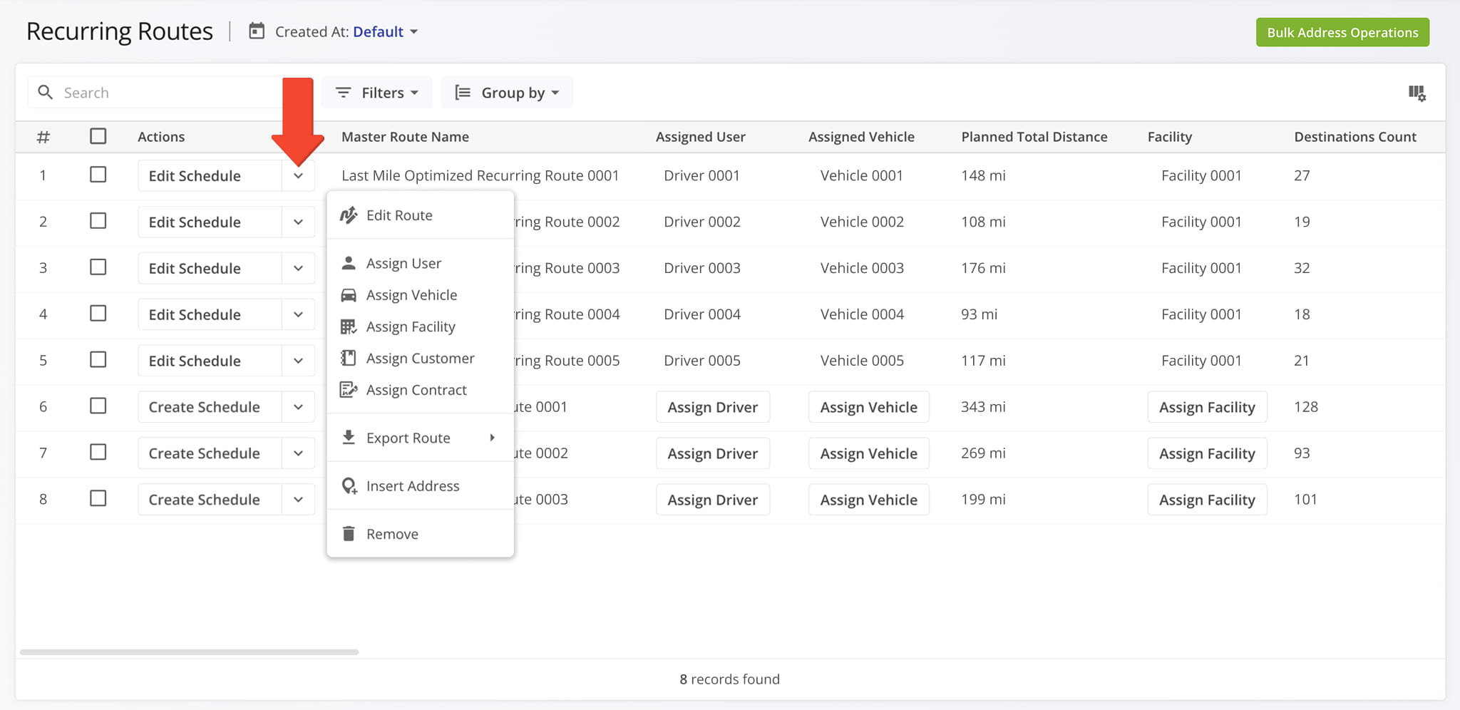 View and manage all Recurring Schedules on the Recurring Routes page.