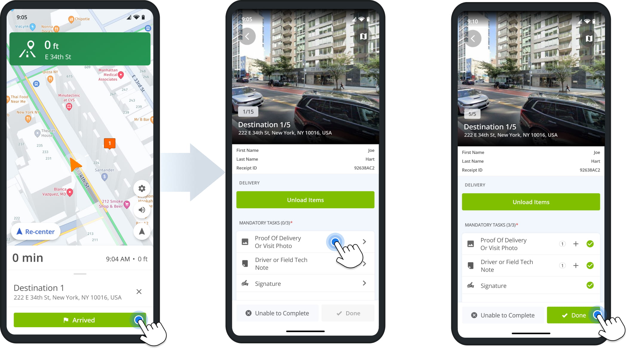 When you reach a destination, the app will automatically pull up the navigation info panel, where you can confirm your arrival and open the proof of visit and delivery screen.