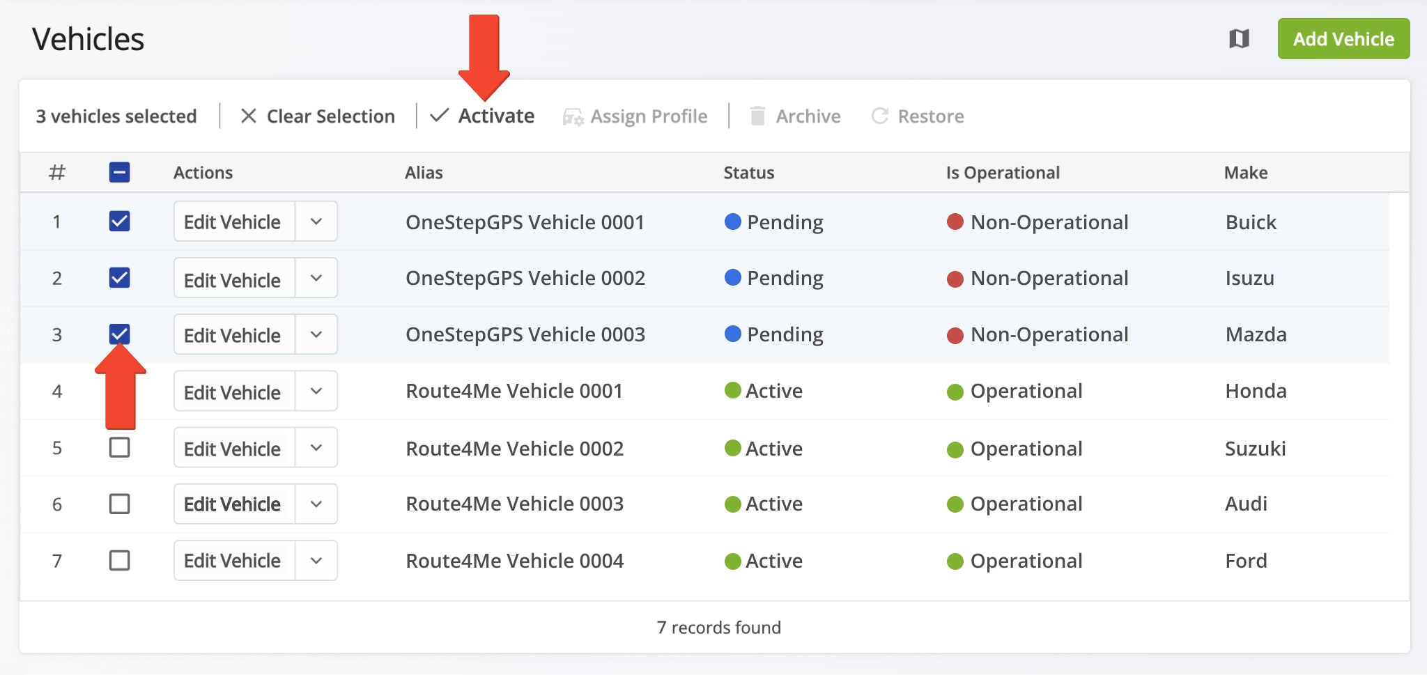 View and manage telematics vehicles in your Route4Me Vehicles page.