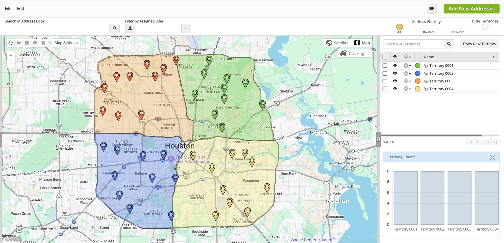Split addresses into territories or service areas to plan optimal DSD routes for multiple drivers.