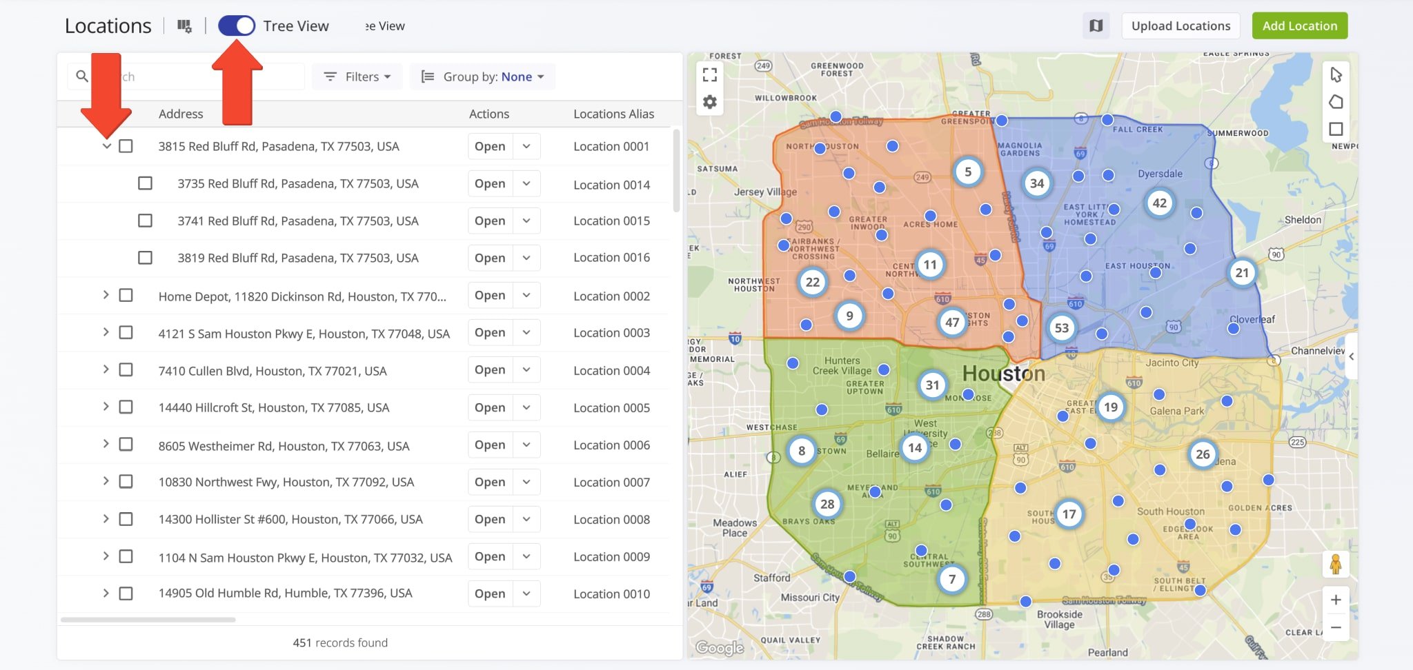 Click the 'Tree View' toggle to group locations under their parent locations, if applicable. To view the sub-locations of a parent location in Tree View, simply click the Down Arrow next to it.