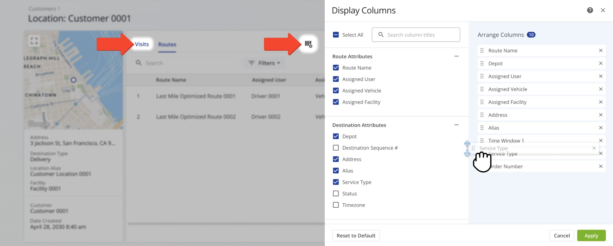 Customize Visits data by selecting columns to display.