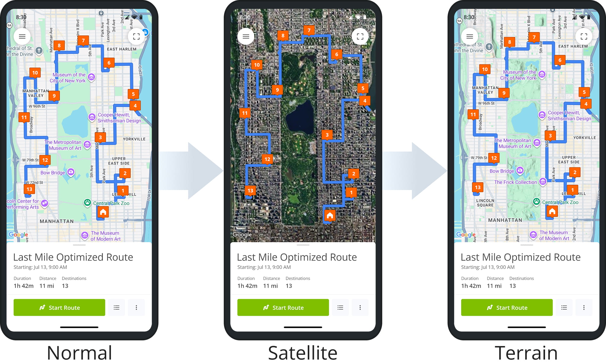 Satellite maps, hybrid maps, terrain maps, and other route map settings on Route4Me