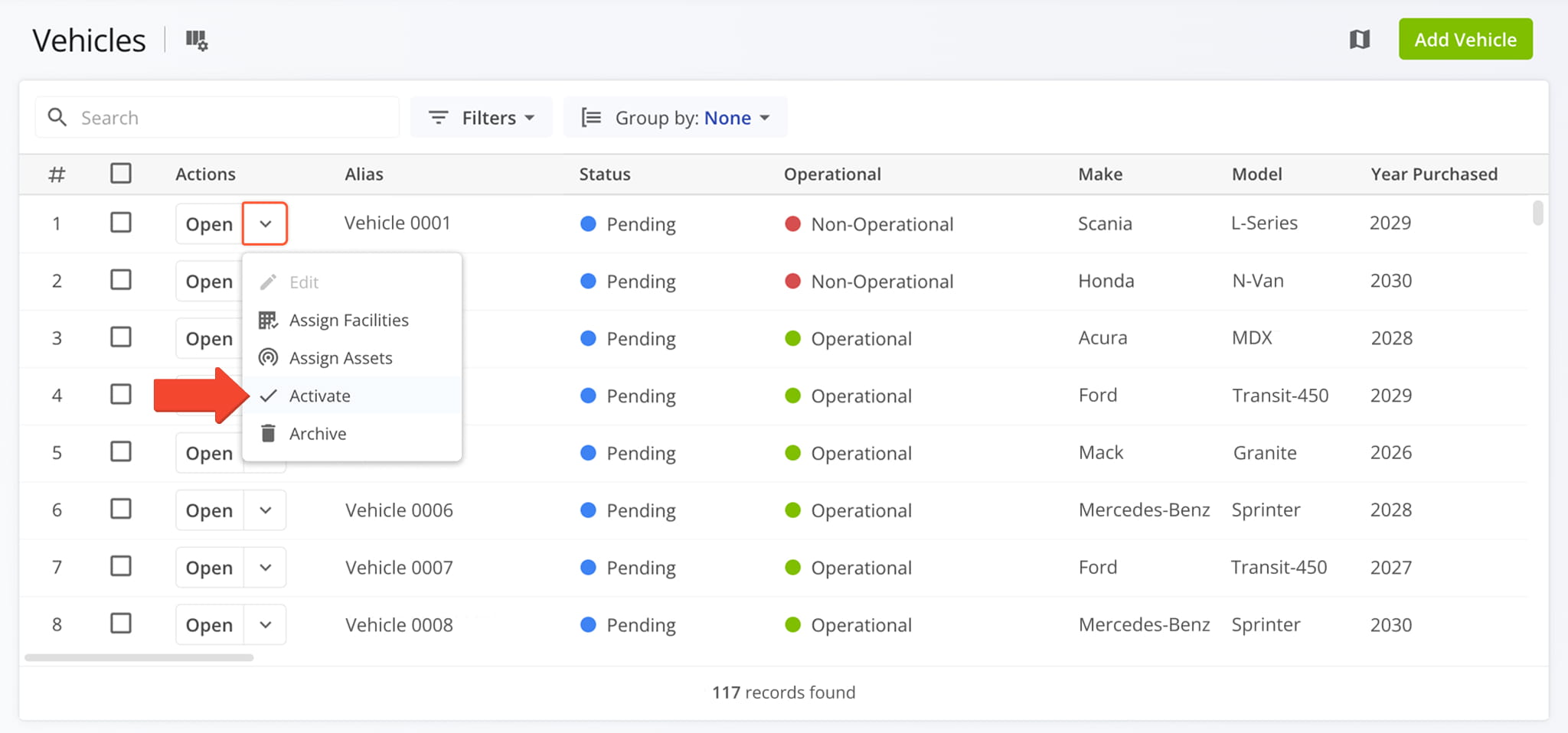 After establishing a telematics connection, your telematics vehicles and their data will be automatically imported to your vehicles list.