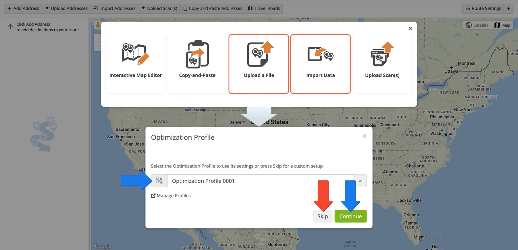 Plan routes by uploading a CSV route spreadsheet or import a route data spreadsheet from the cloud.