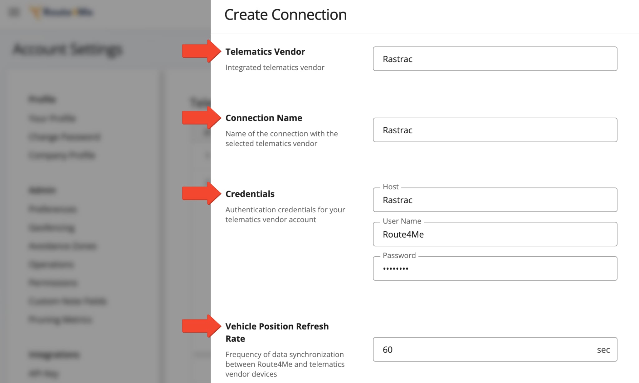 Add a connection by selecting Rastrac Telematics, entering a connection name, and setting the Vehicle Position Refresh Rate in the pop-up window.