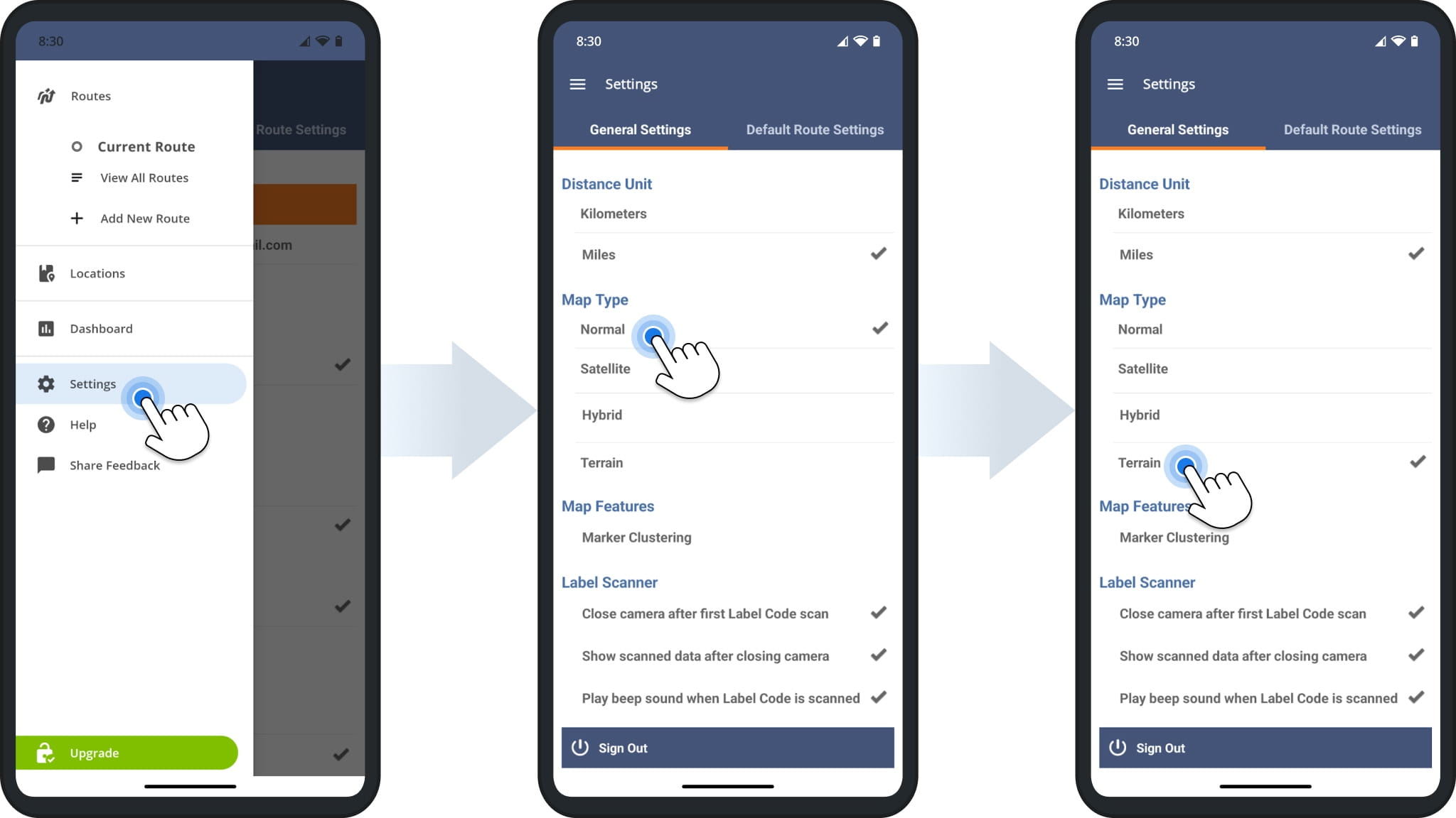Route4Me Android Route Planner app maps settings: satellite maps, hybrid maps, terrain maps, and other route maps.