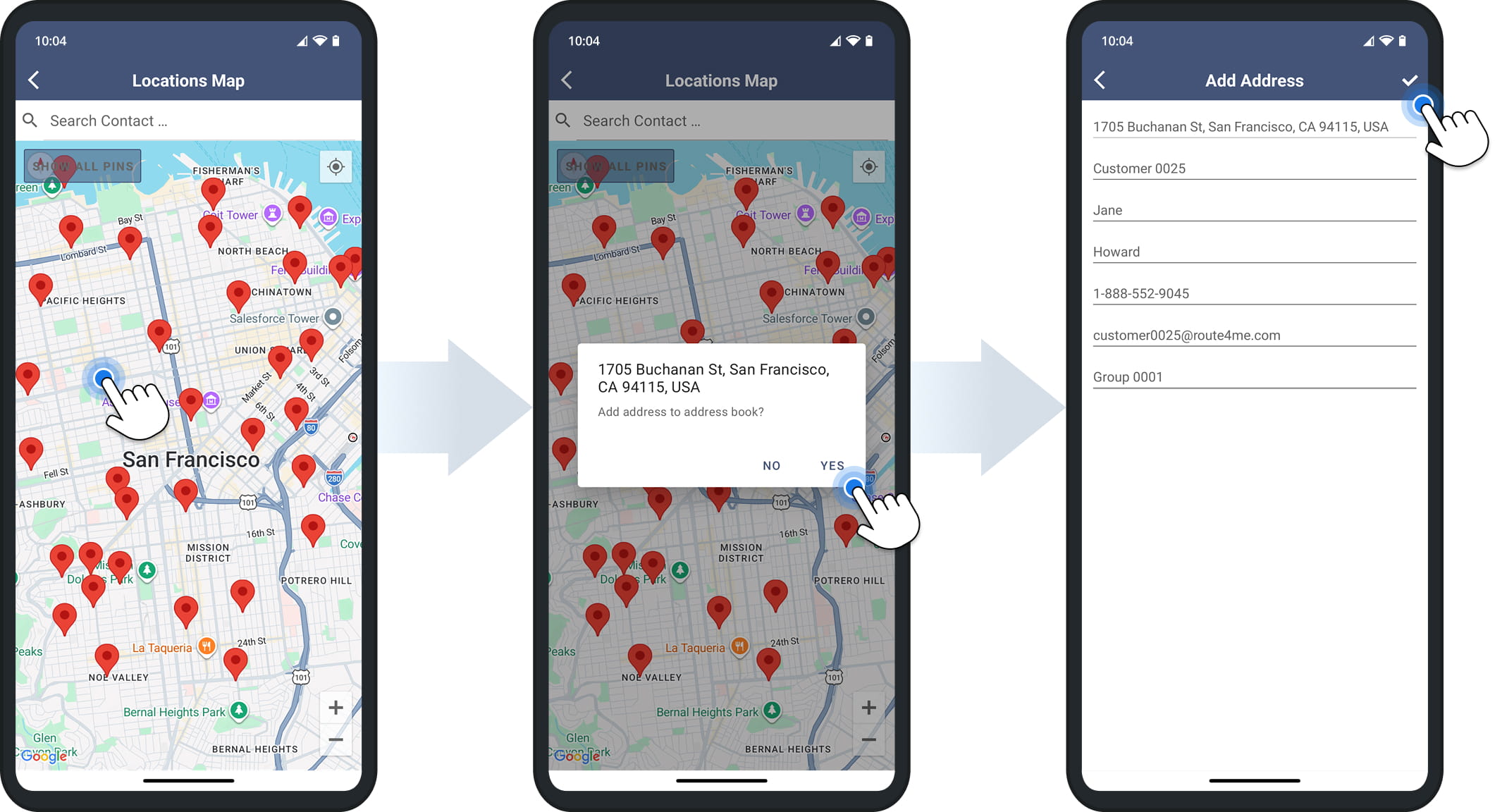 Tap a location on the map to add a geocoded address to your mobile address book.